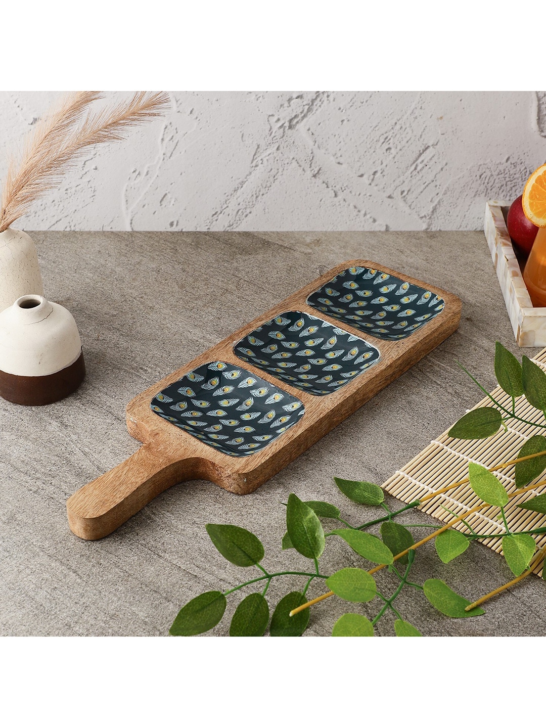 The Decor Mart Teal-Blue & Brown Printed Wooden Serveware Price in India