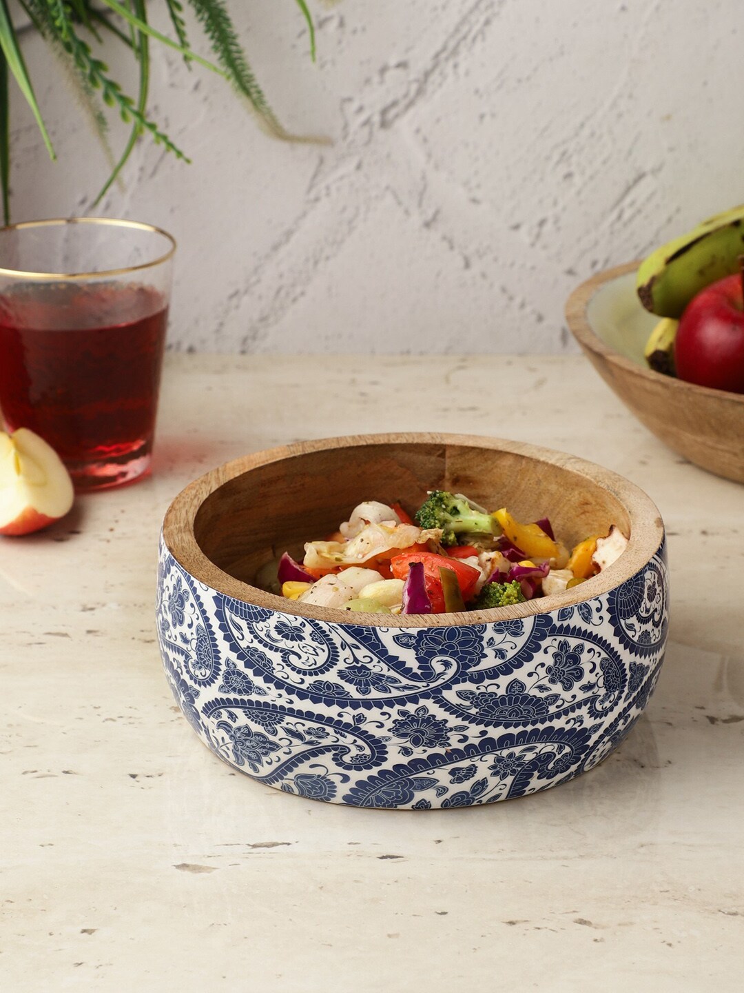 The Decor Mart Blue Printed Wooden Spring Meadow Serving Bowl Serveware Price in India