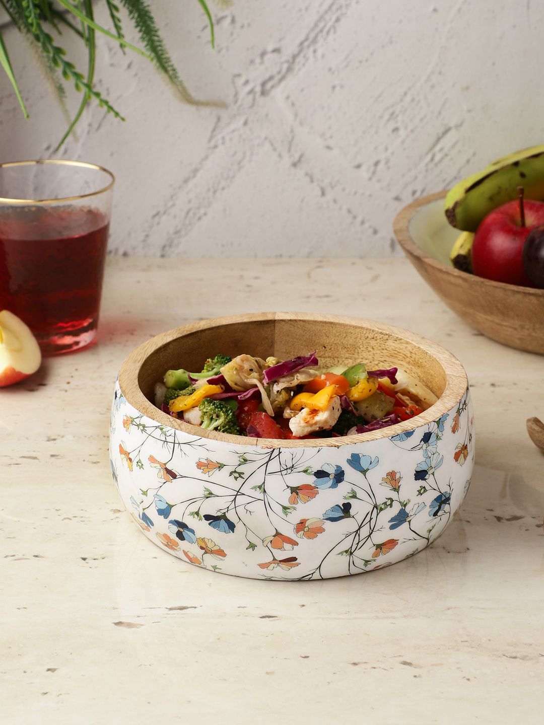 The Decor Mart Brown & Blue Printed Wooden Salad Bowl and Servers Price in India