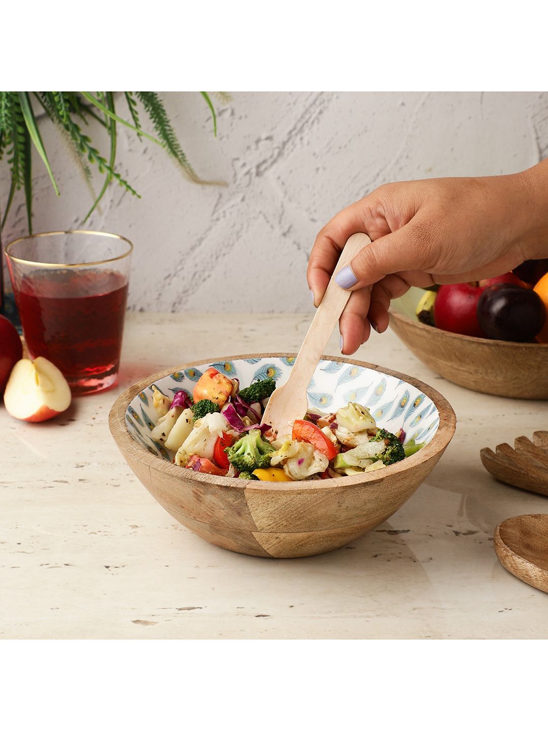 The Decor Mart White & Blue Wooden Salad Bowl Price in India