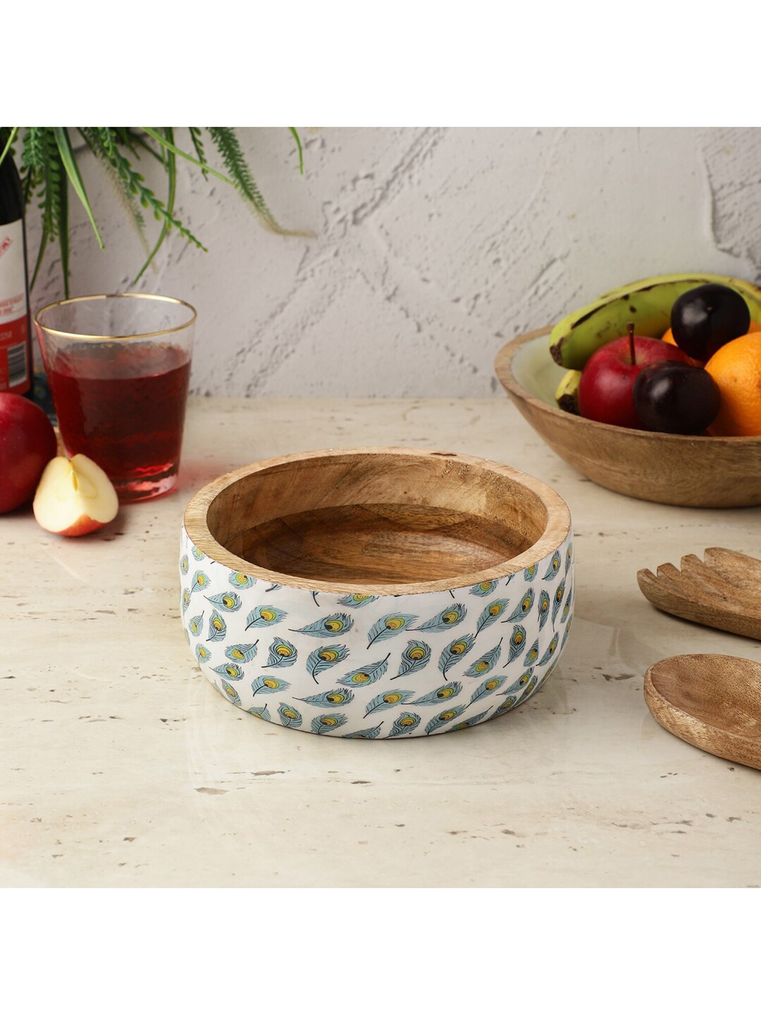 The Decor Mart White & Blue Printed Wooden Serving Bowl Price in India