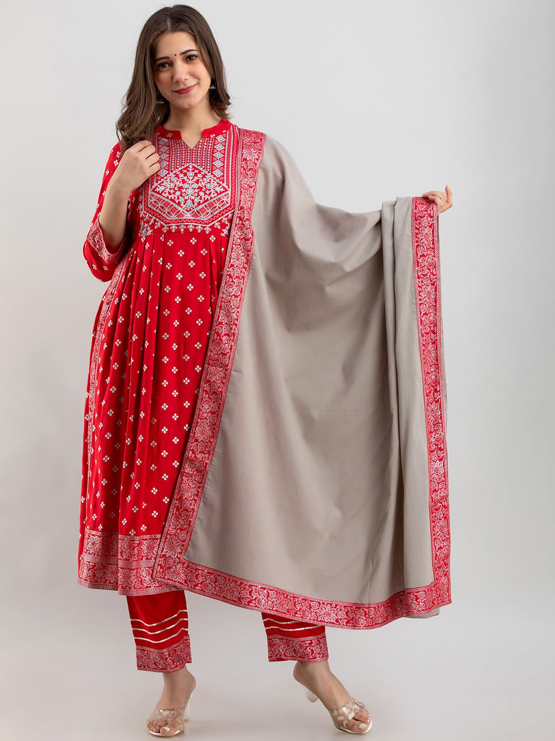 NAYRAH Women Red Ethnic Motifs Printed Pleated Kurta with Trousers & With Dupatta Price in India