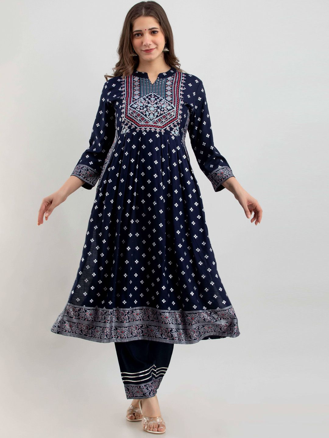 NAYRAH Women's Blue Embroidered Empire Kurta With Trousers & Dupatta Price in India