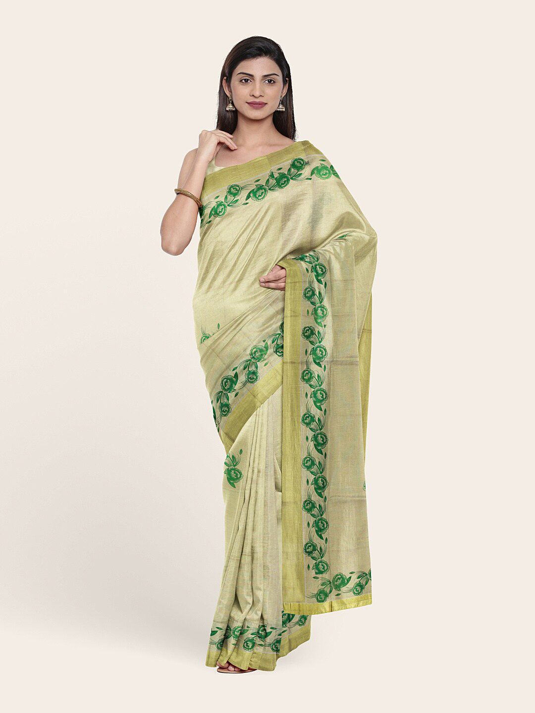 Pothys Gold-Toned & Green Ethnic Motifs Zari Pure Cotton Saree Price in India