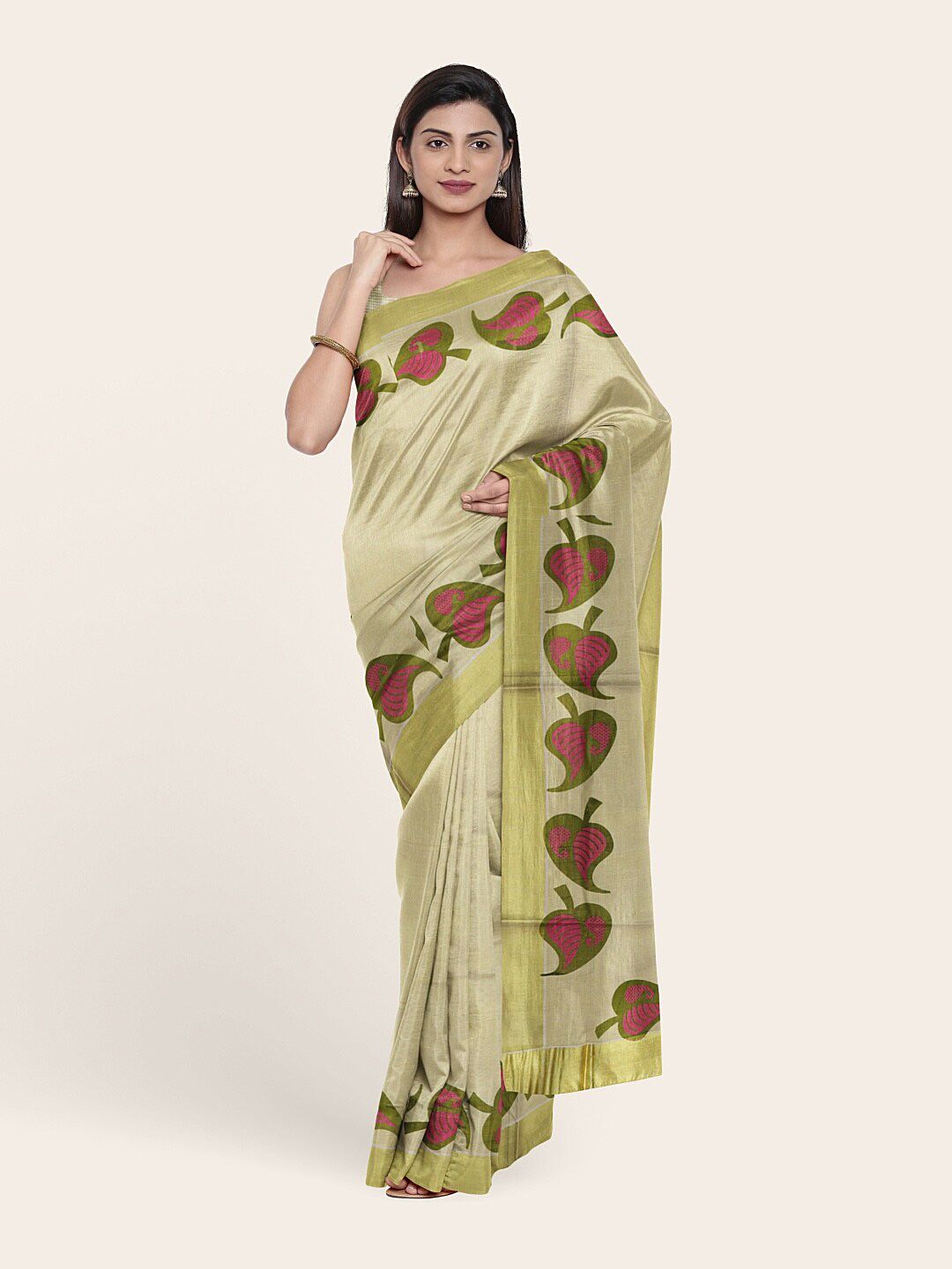 Pothys Gold-Toned & Green Ethnic Motifs Pure Cotton Saree Price in India