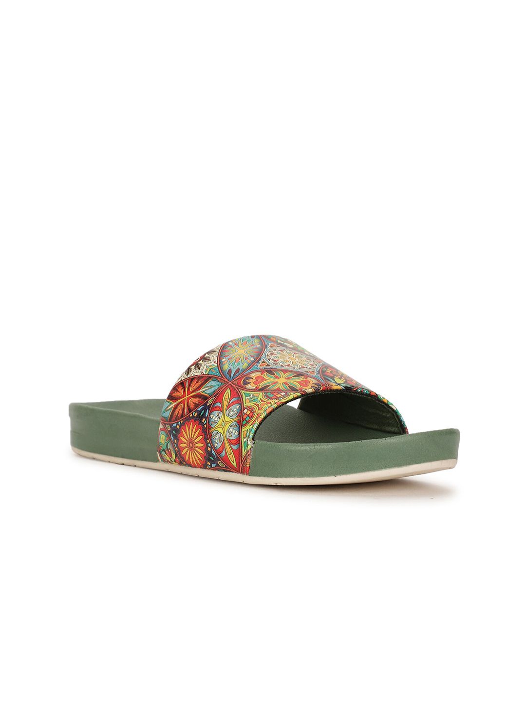 Bata Women Olive Green & Pink Printed Sliders