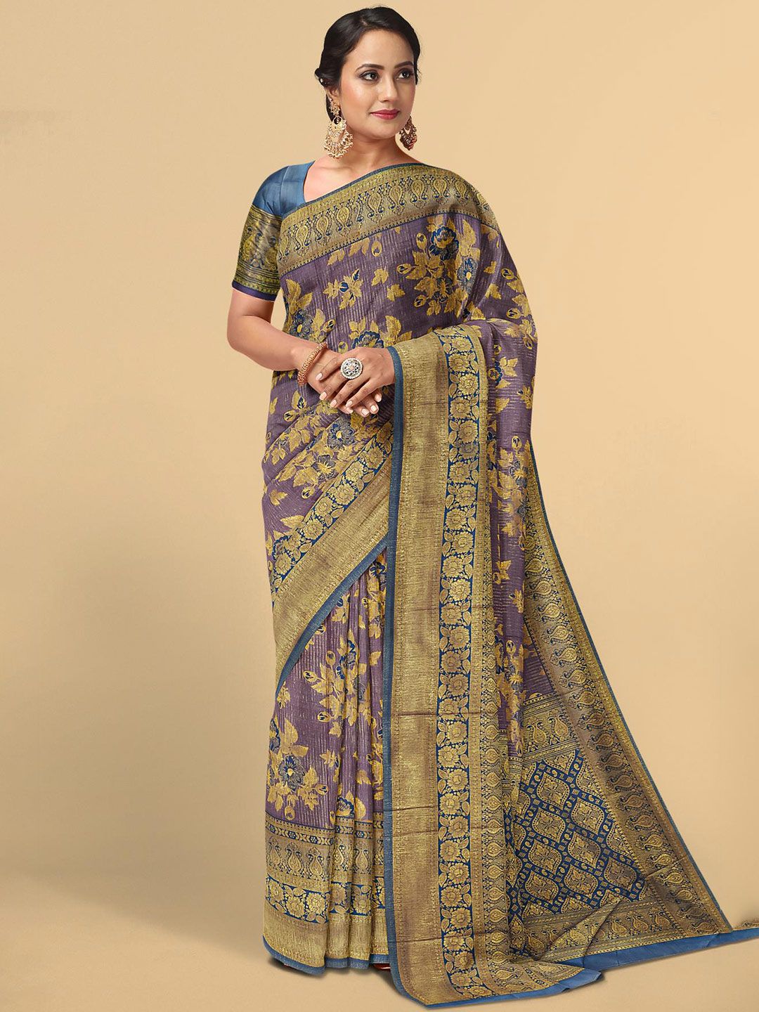 Kalamandir Lavender & Gold-Toned Floral Zari Silk Blend Saree Price in India