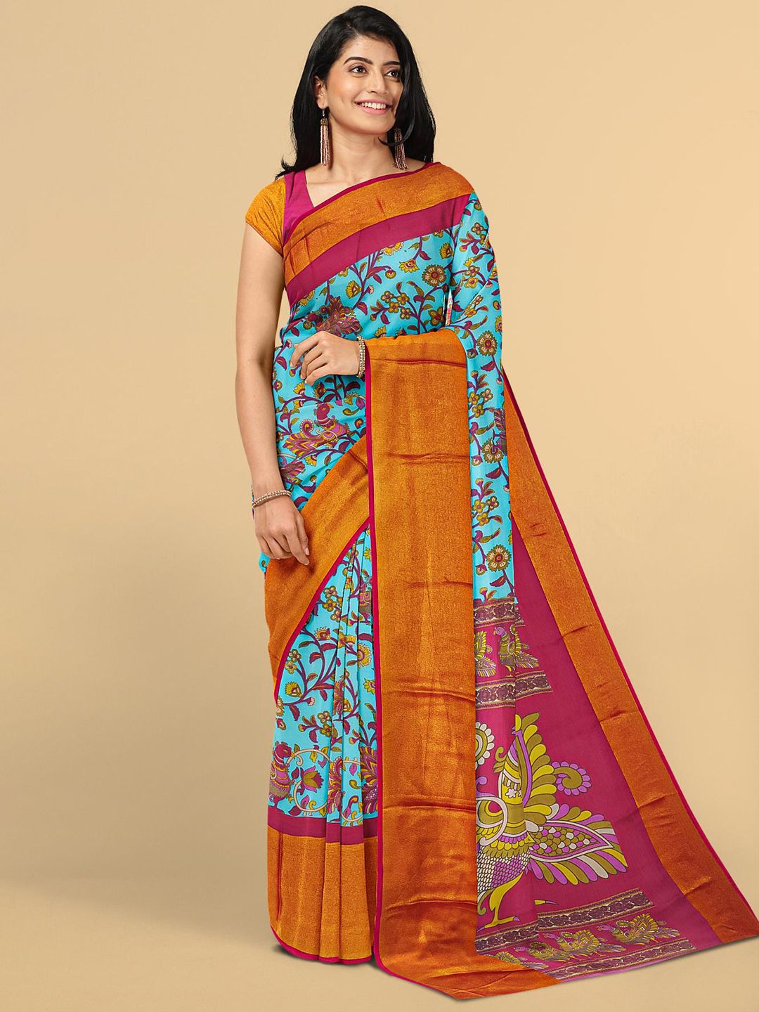 Kalamandir Blue & Magenta Kalamkari Zari Silk Blend Saree Price in India