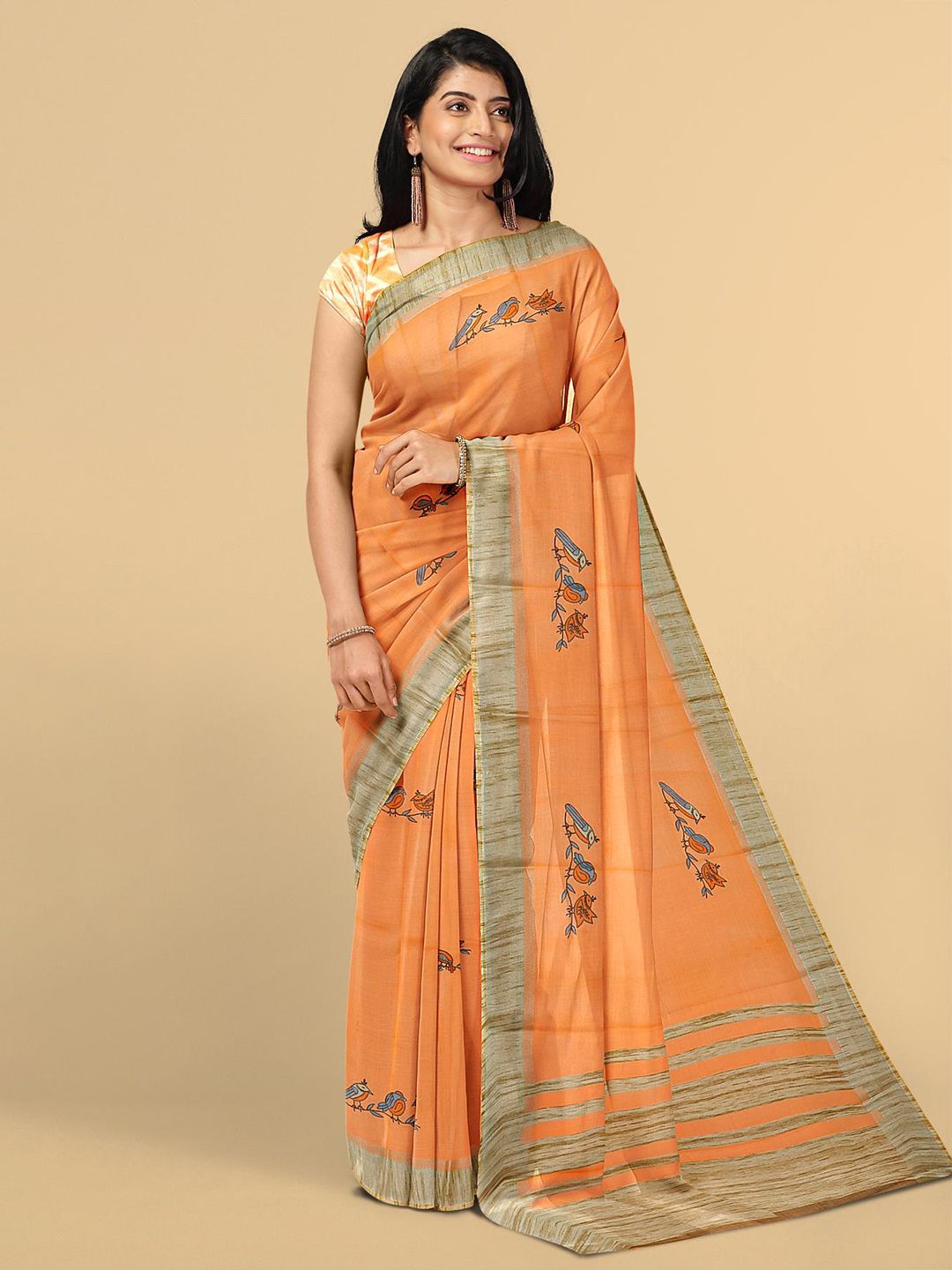 Kalamandir Orange & Green Ethnic Motifs Linen Blend Saree Price in India