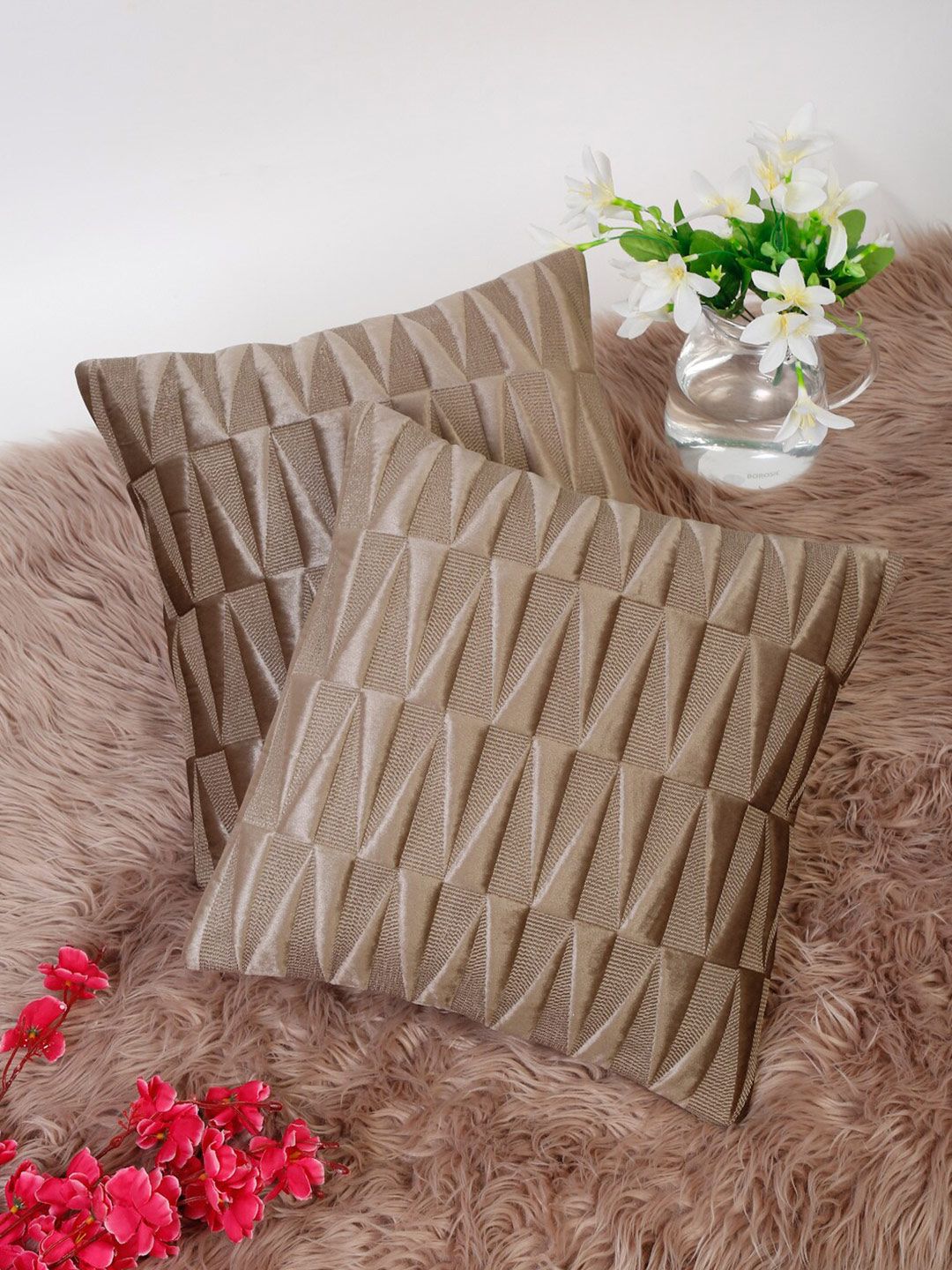 HOSTA HOMES Camel Brown Set of 2 Abstract Velvet Square Cushion Covers Price in India