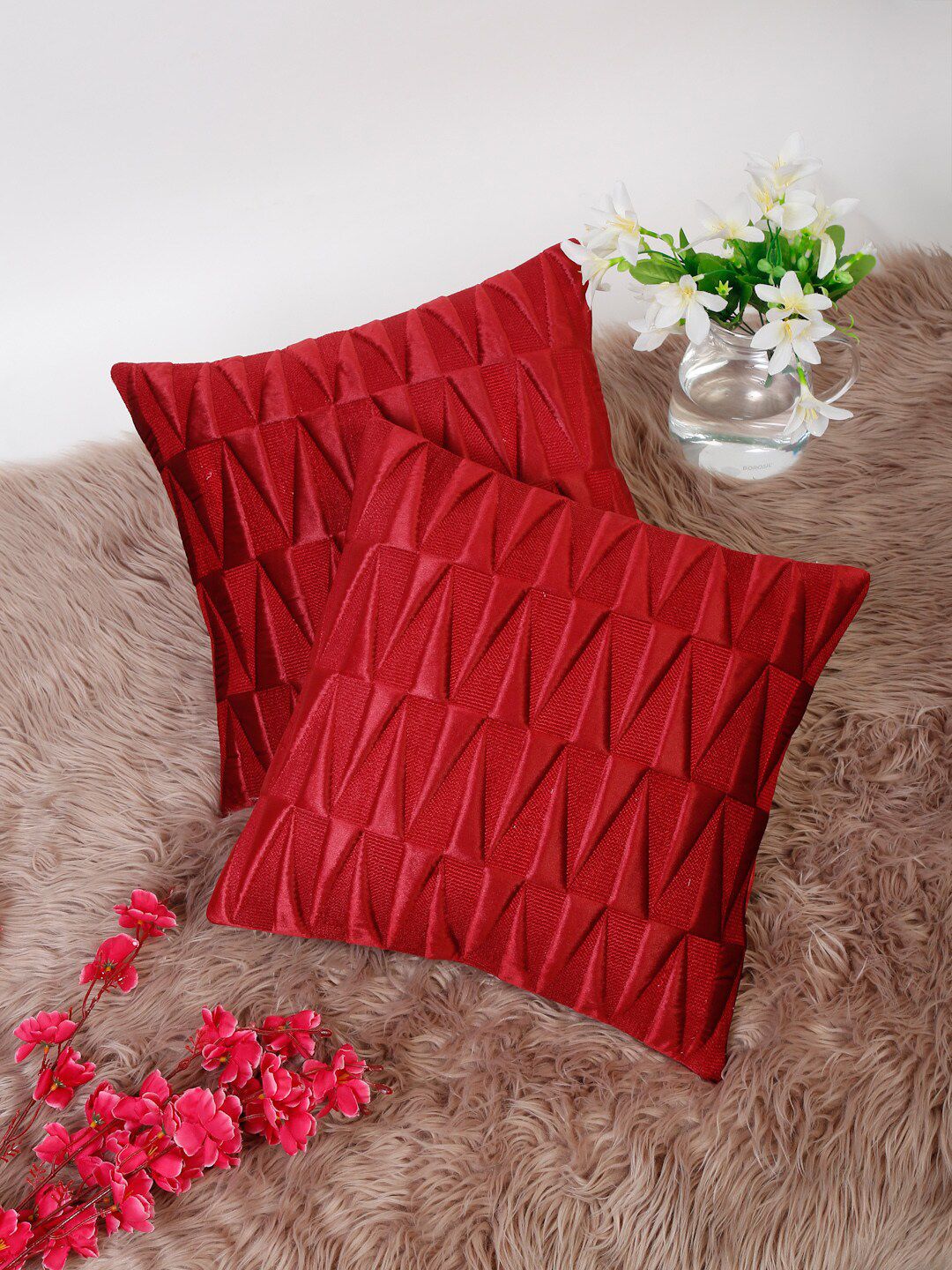 HOSTA HOMES Maroon Set of 2 Abstract Velvet Square Cushion Covers Price in India