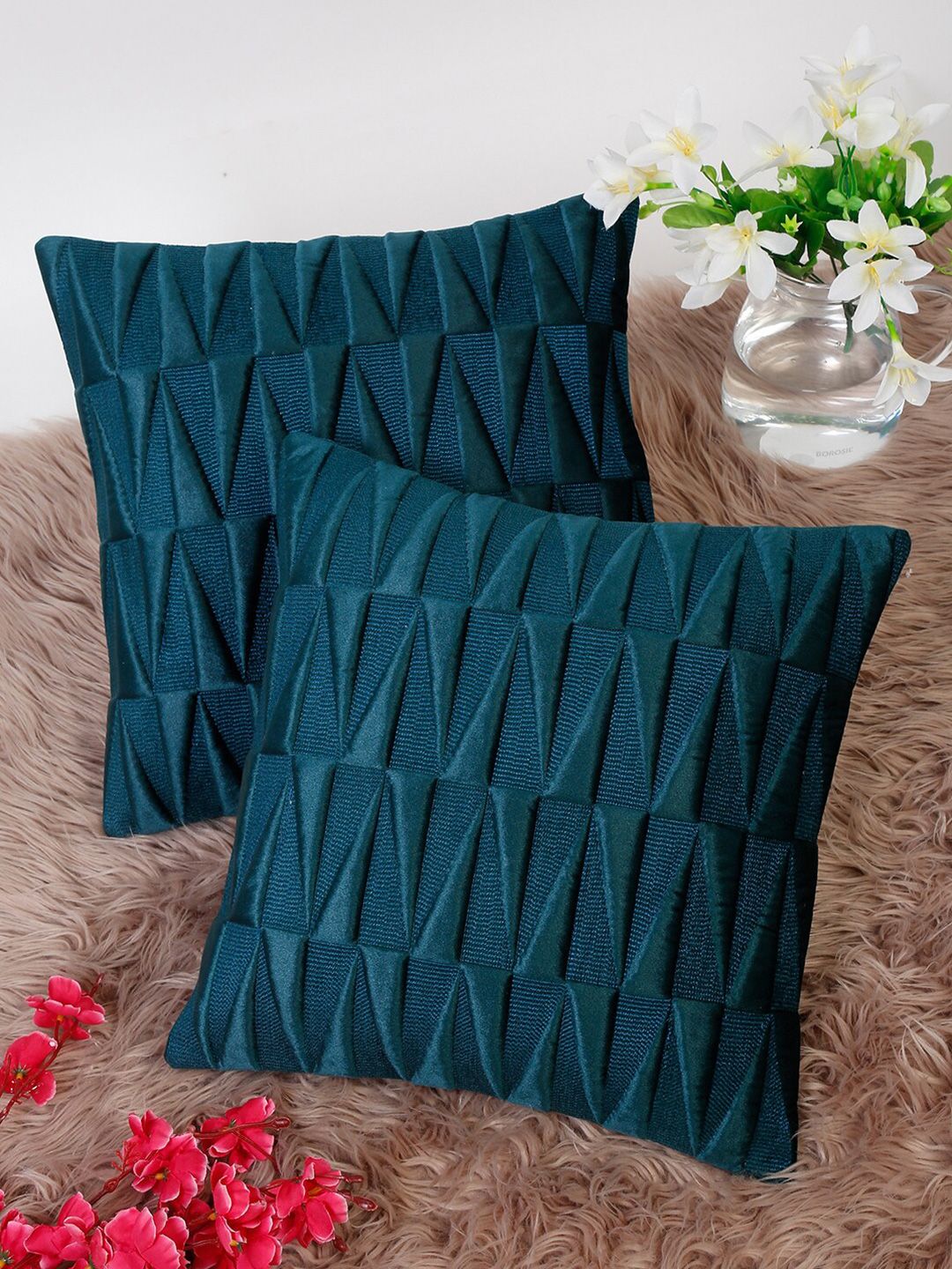 HOSTA HOMES Green Set of 2 Abstract Velvet Square Cushion Covers Price in India