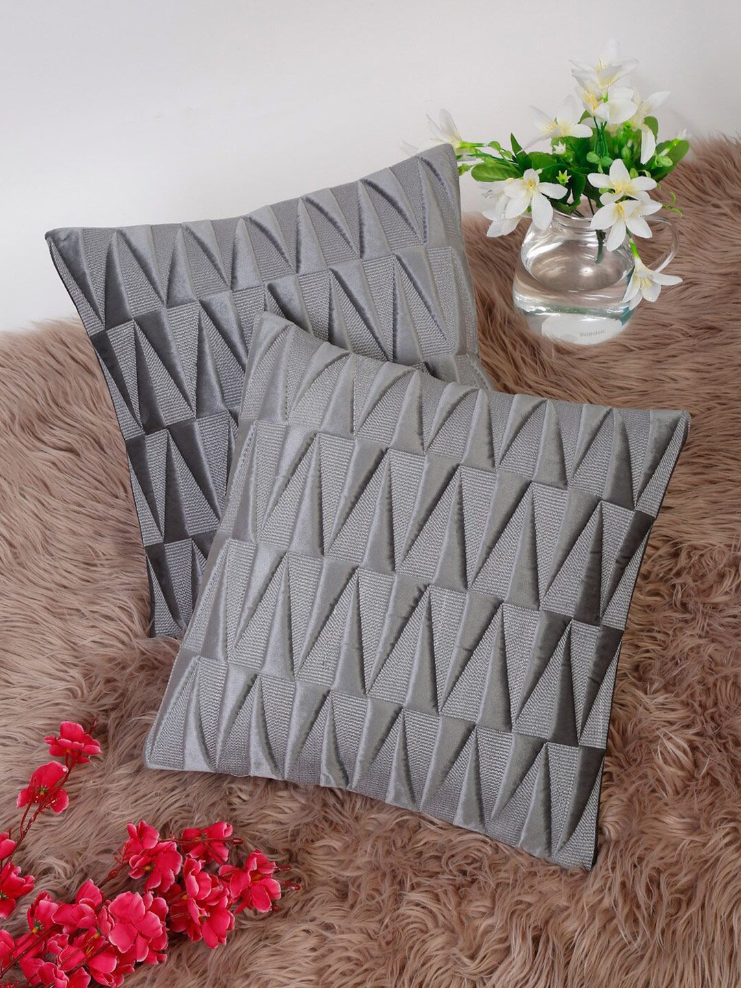 HOSTA HOMES Grey Set of 2 Abstract Velvet Square Cushion Covers Price in India