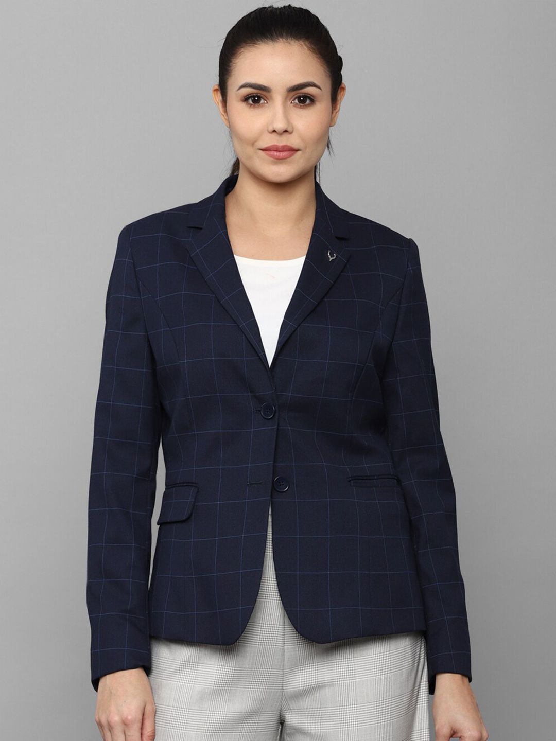 Allen Solly Woman Navy Blue Checked Single-Breasted Blazer Price in India