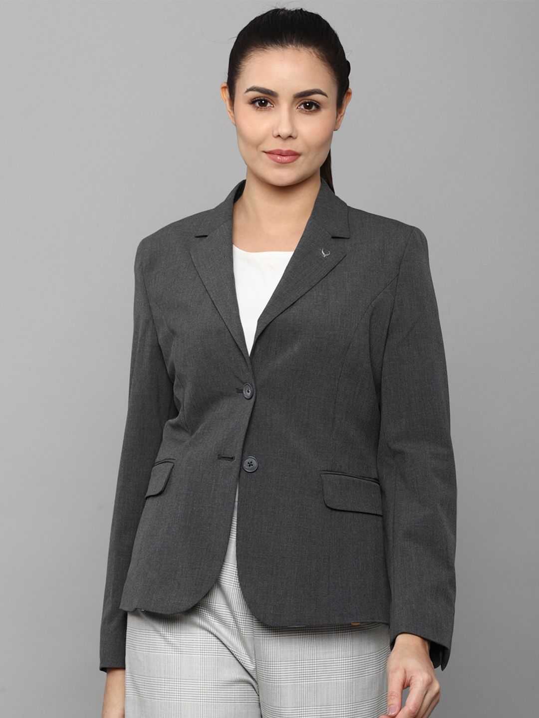 Allen Solly Woman Women Grey Solid Single-Breasted Formal Blazer Price in India