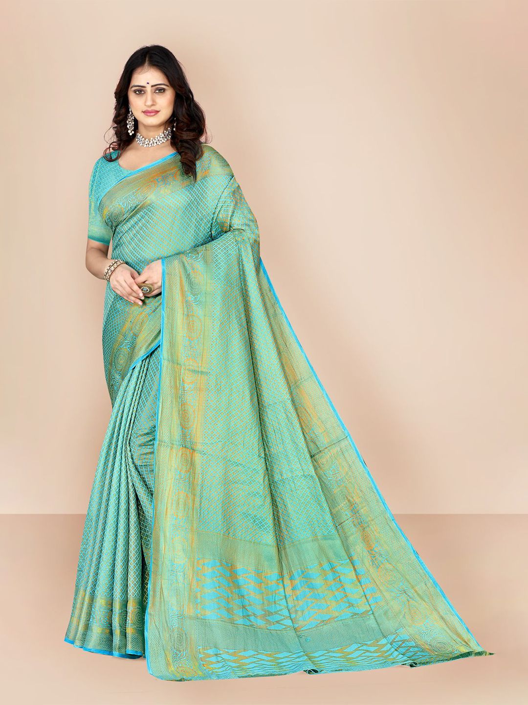 VAIRAGEE Turquoise Blue & Gold-Toned Woven Design Zari Pure Silk Kanjeevaram Saree Price in India
