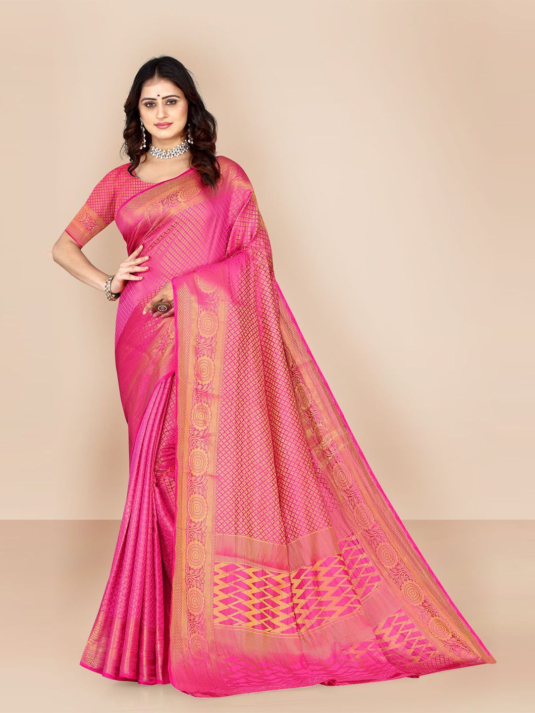 VAIRAGEE Pink & Gold-Toned Ethnic Motifs Zari Pure Silk Kanjeevaram Saree Price in India