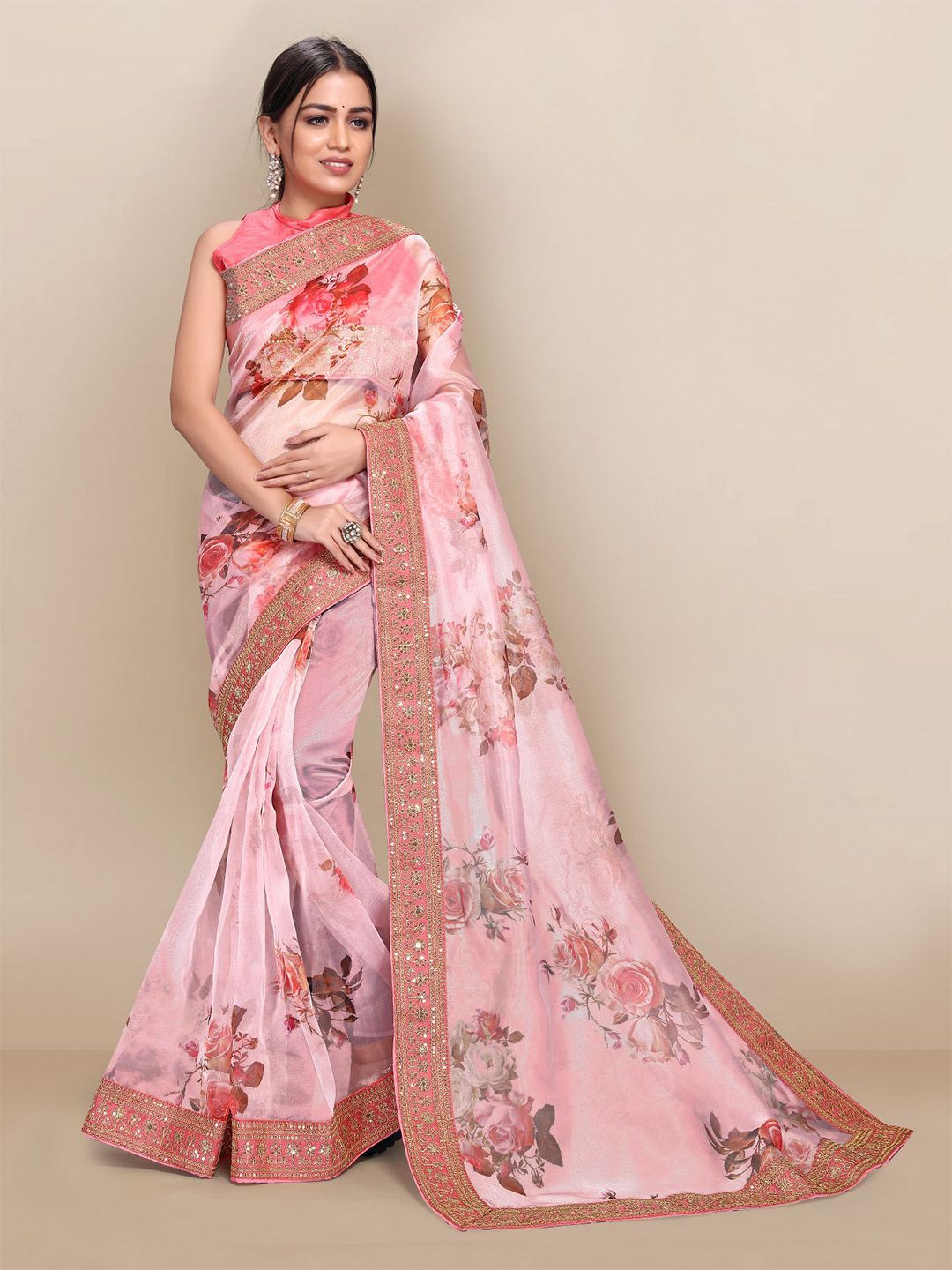 VAIRAGEE Pink & Gold-Toned Floral Embroidered Organza Saree Price in India