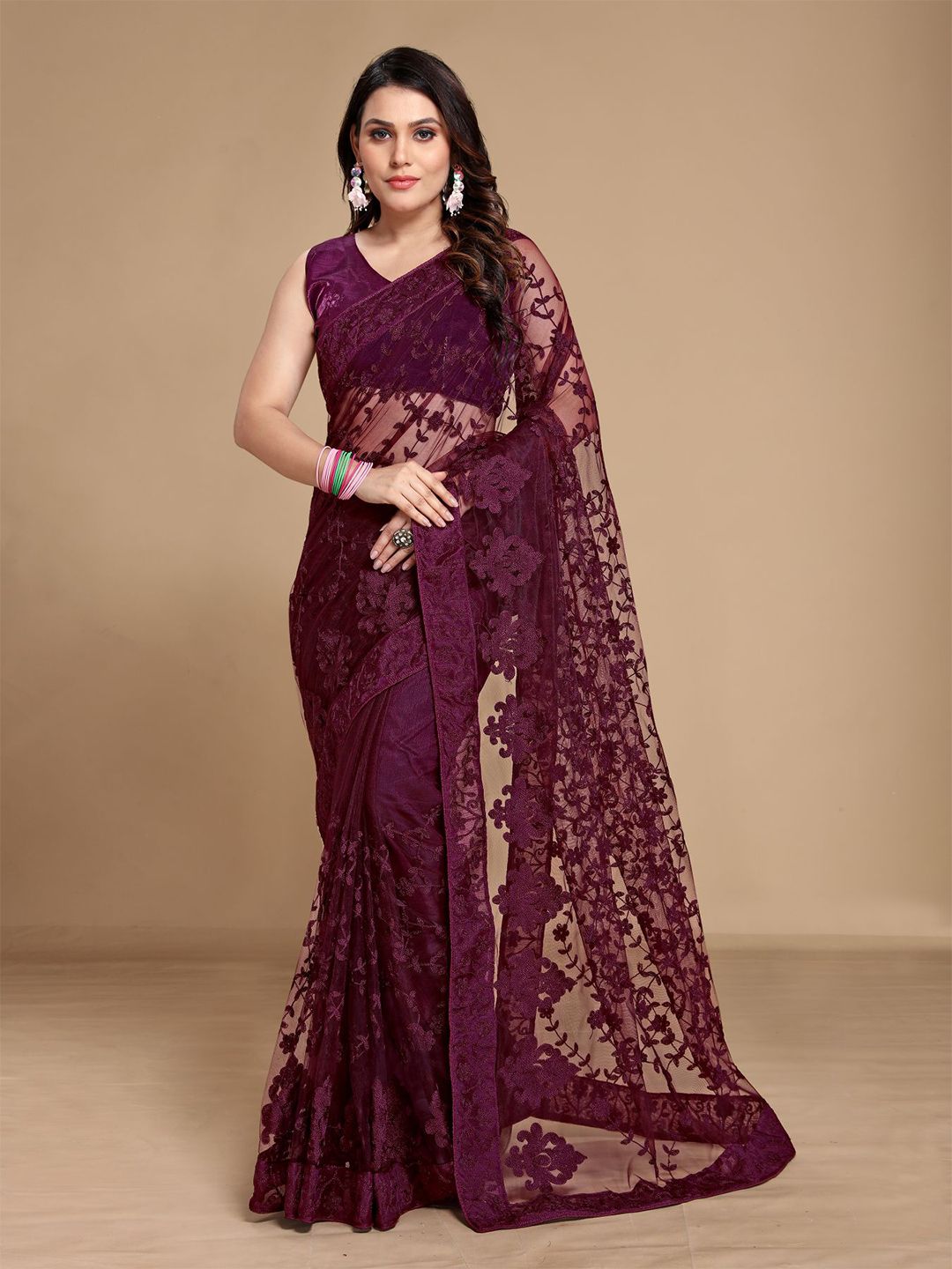 VAIRAGEE Purple Floral Net Saree Price in India