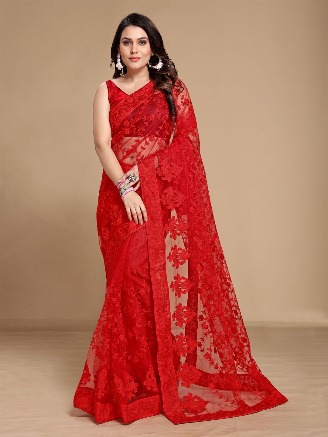 VAIRAGEE Red Embellished Net Saree Price in India
