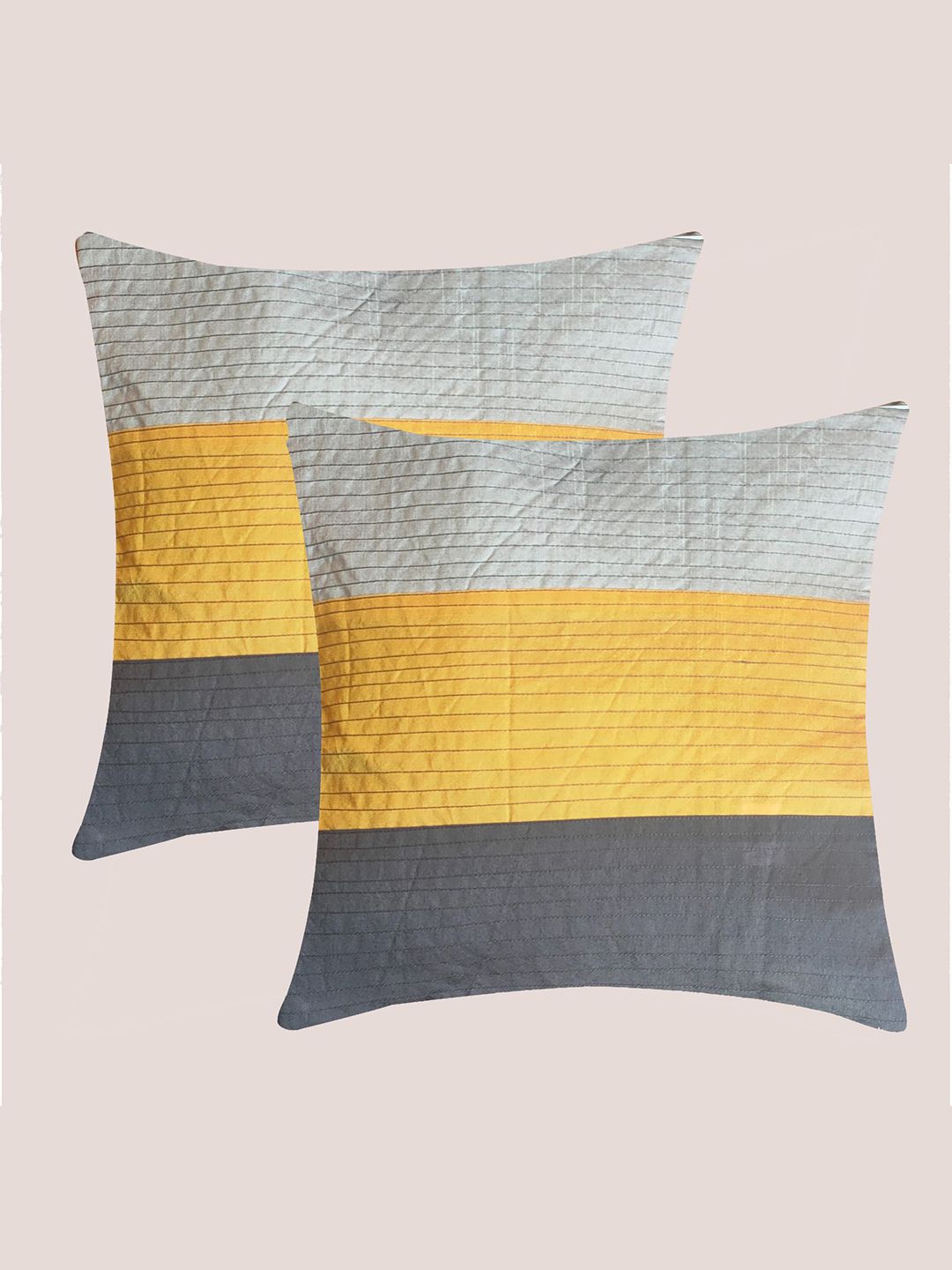 Molcha Mustard & Grey Set of 2 Striped Square Cushion Covers Price in India