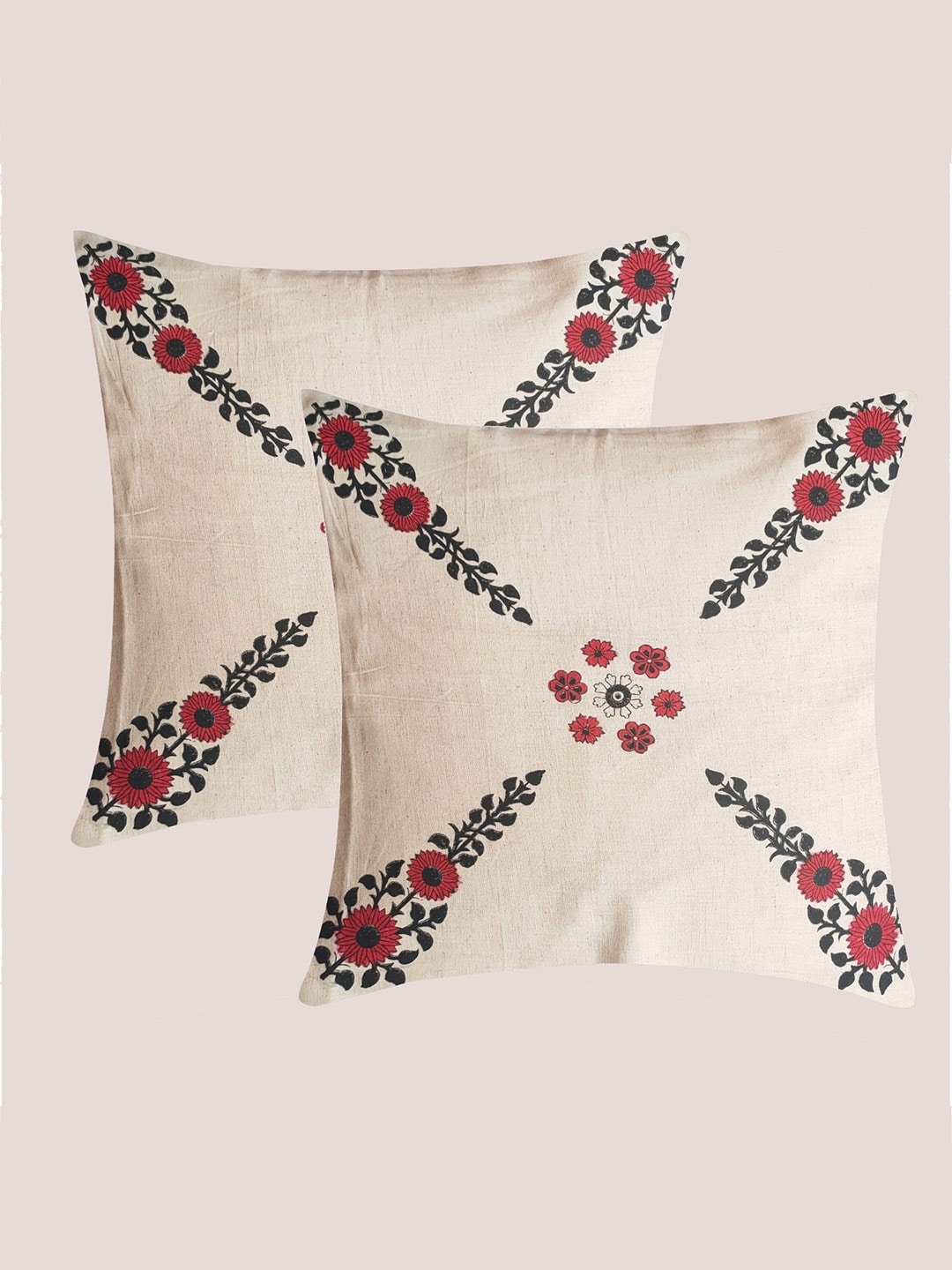 Molcha Off White & Red Set of 2 Ethnic Motifs Square Cushion Covers Price in India