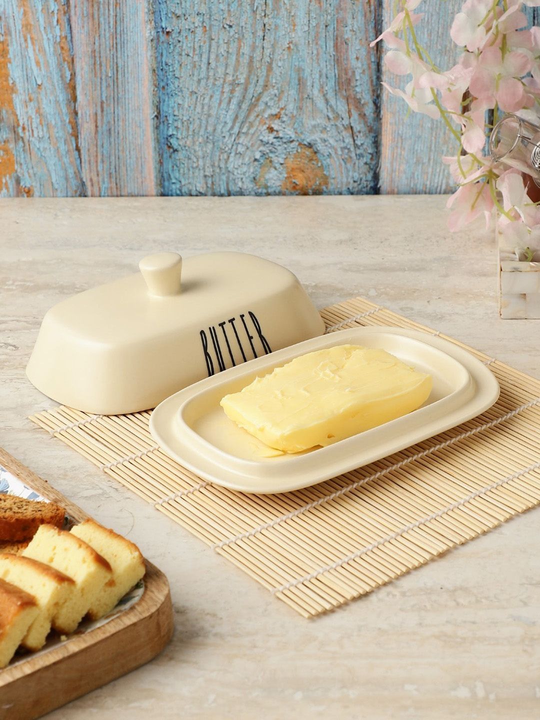 The Decor Mart Beige Printed Ceramic Butter Dish Price in India