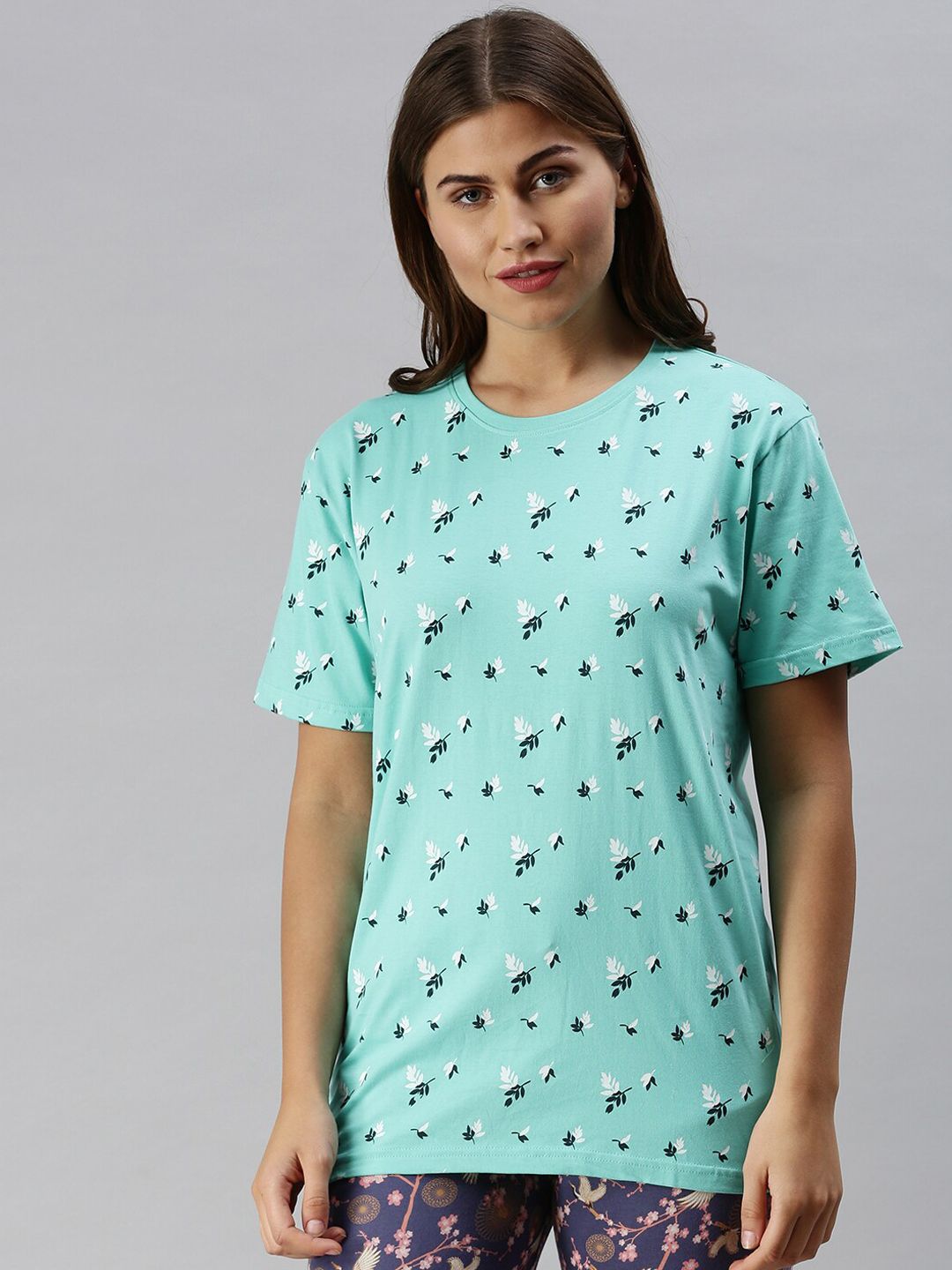 Kryptic Women Green & White Printed Pure Cotton Lounge T-shirt Price in India