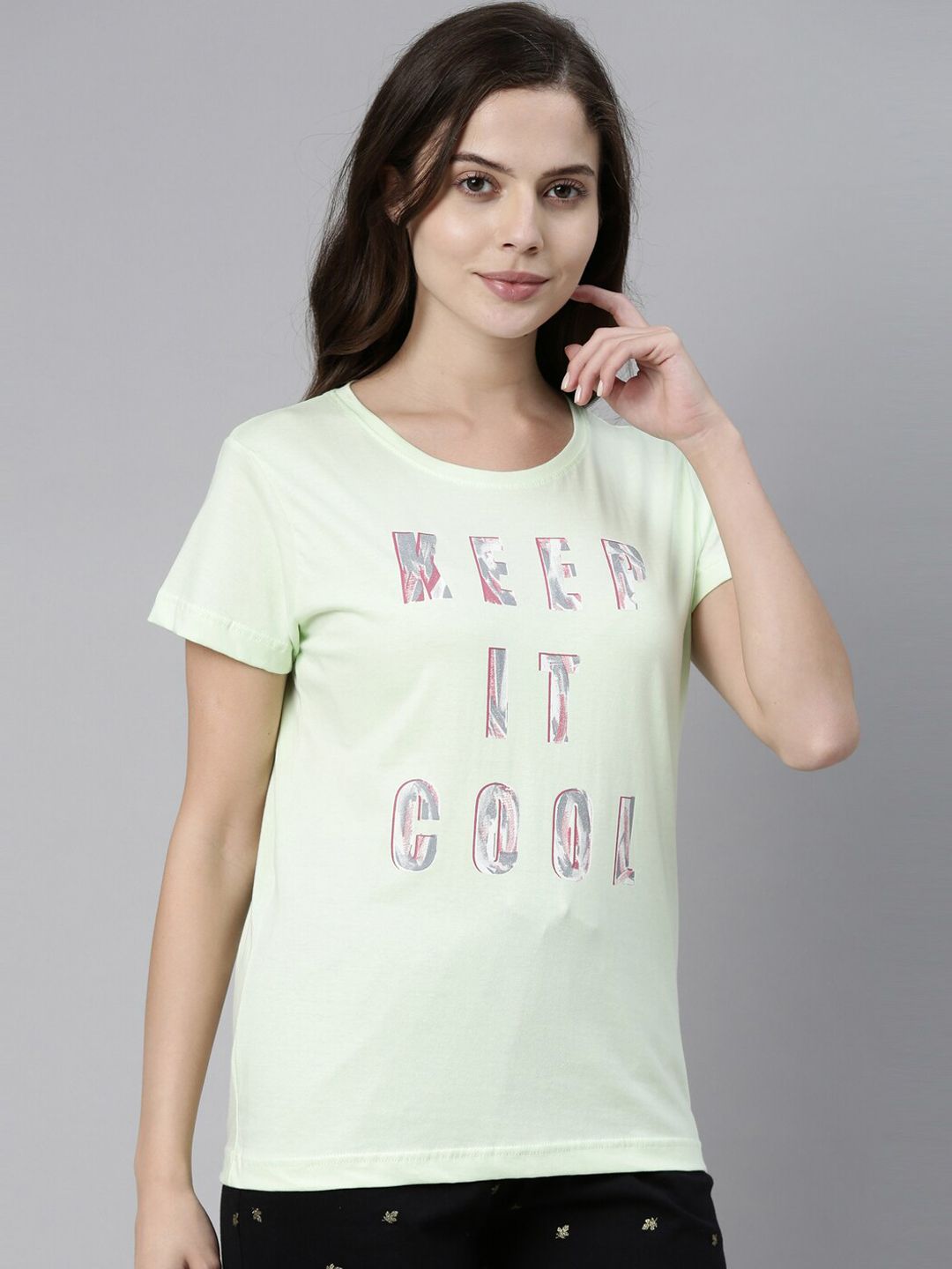 Kryptic Women Lime Green Printed Cotton Lounge Tshirts Price in India