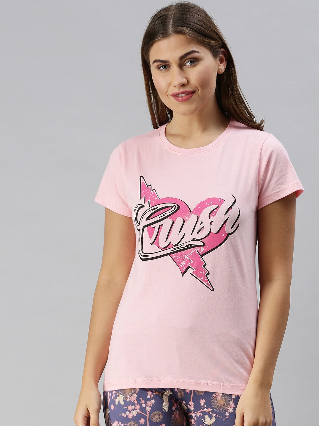 Kryptic Women Pink Printed Cotton Lounge Tshirts Price in India