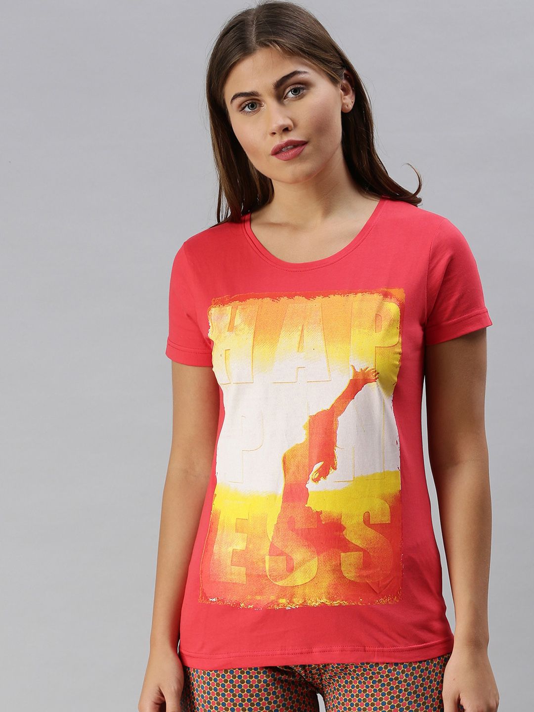 Kryptic Women Red & White Printed Lounge T-shirts Price in India