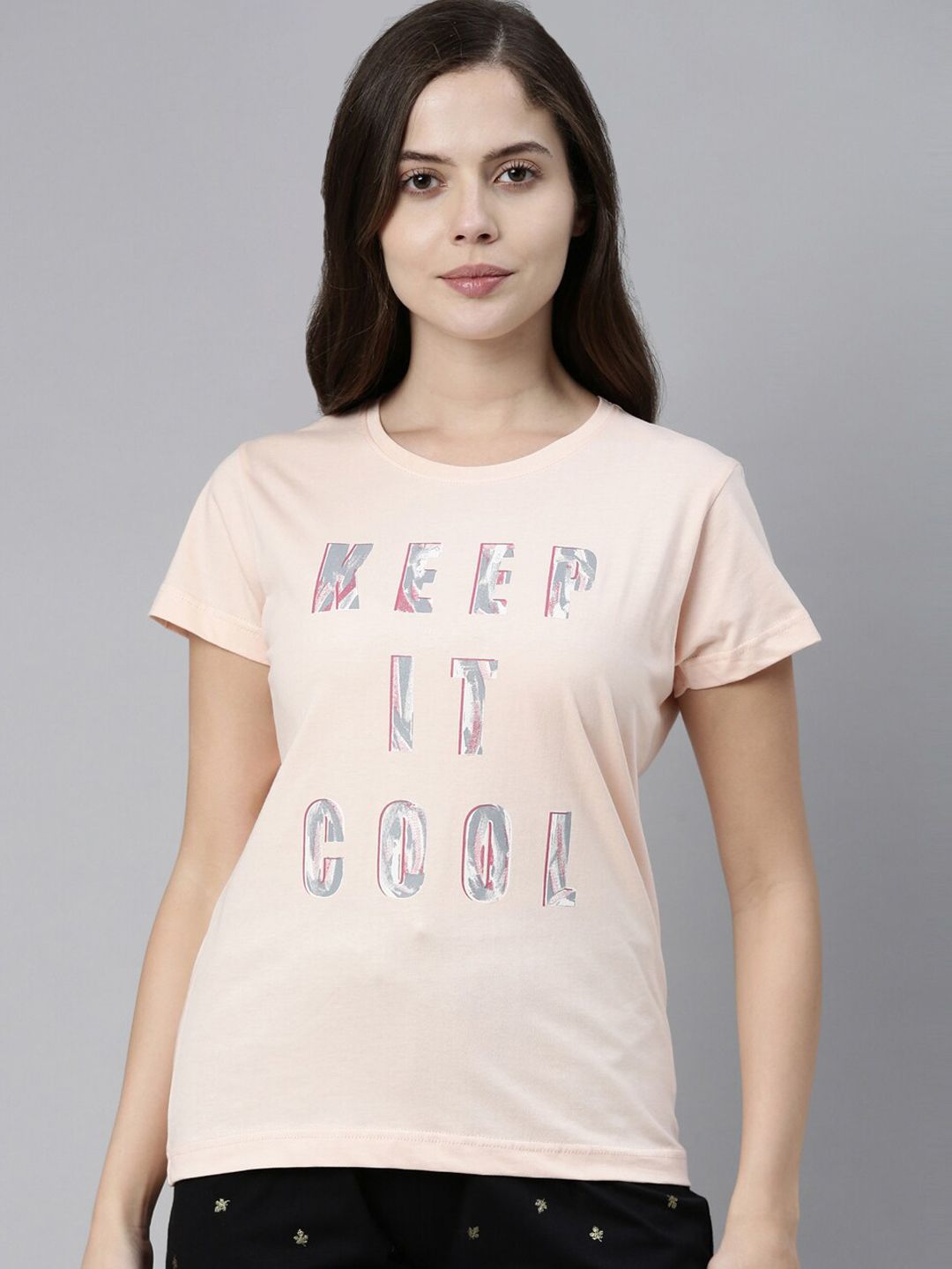 Kryptic Women Pink & Grey Printed Pure Cotton Lounge T-shirt Price in India