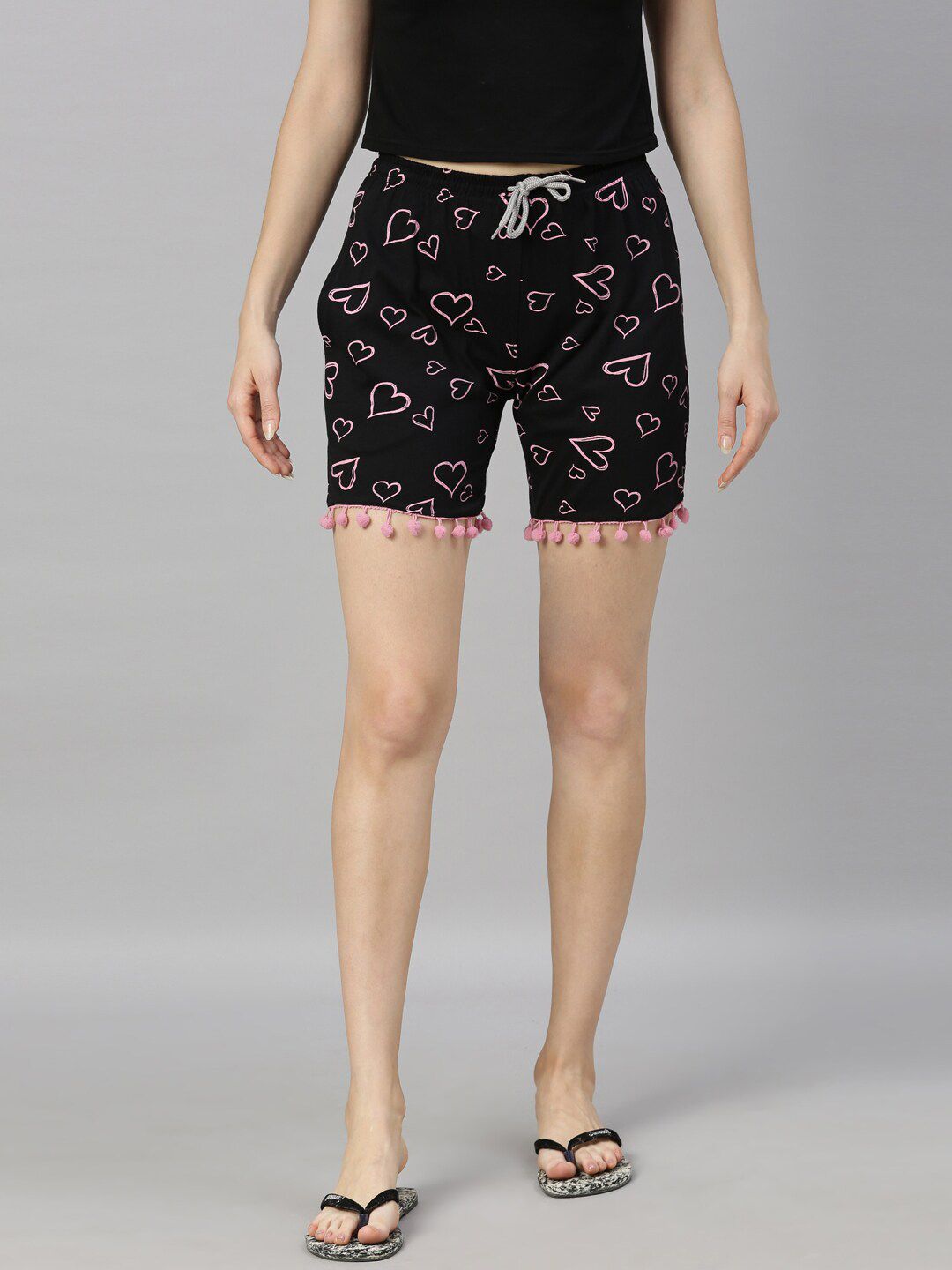 Kryptic Women Black & Peach-Coloured Printed Lounge Shorts Price in India