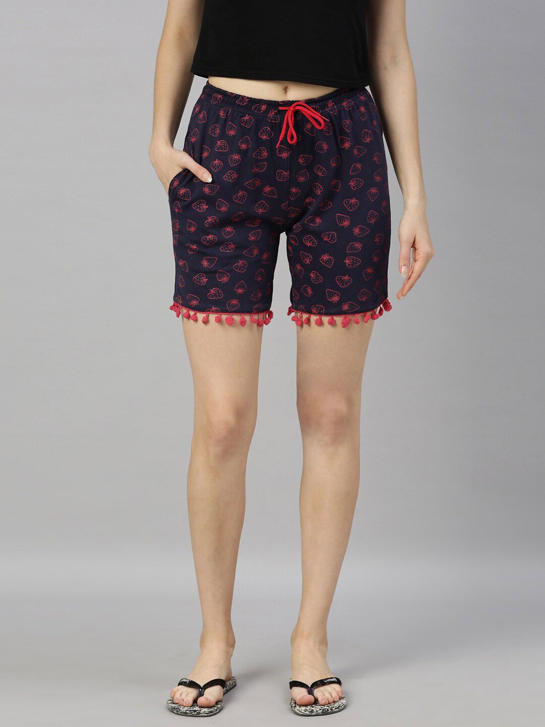 Kryptic Women Navy Blue & Red Printed Lounge Shorts Price in India