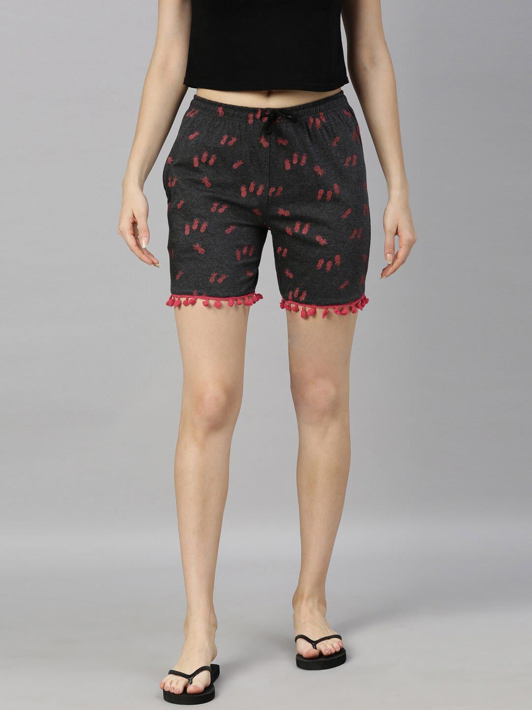 Kryptic Women Charcoal & Pink Printed Lounge Shorts Price in India