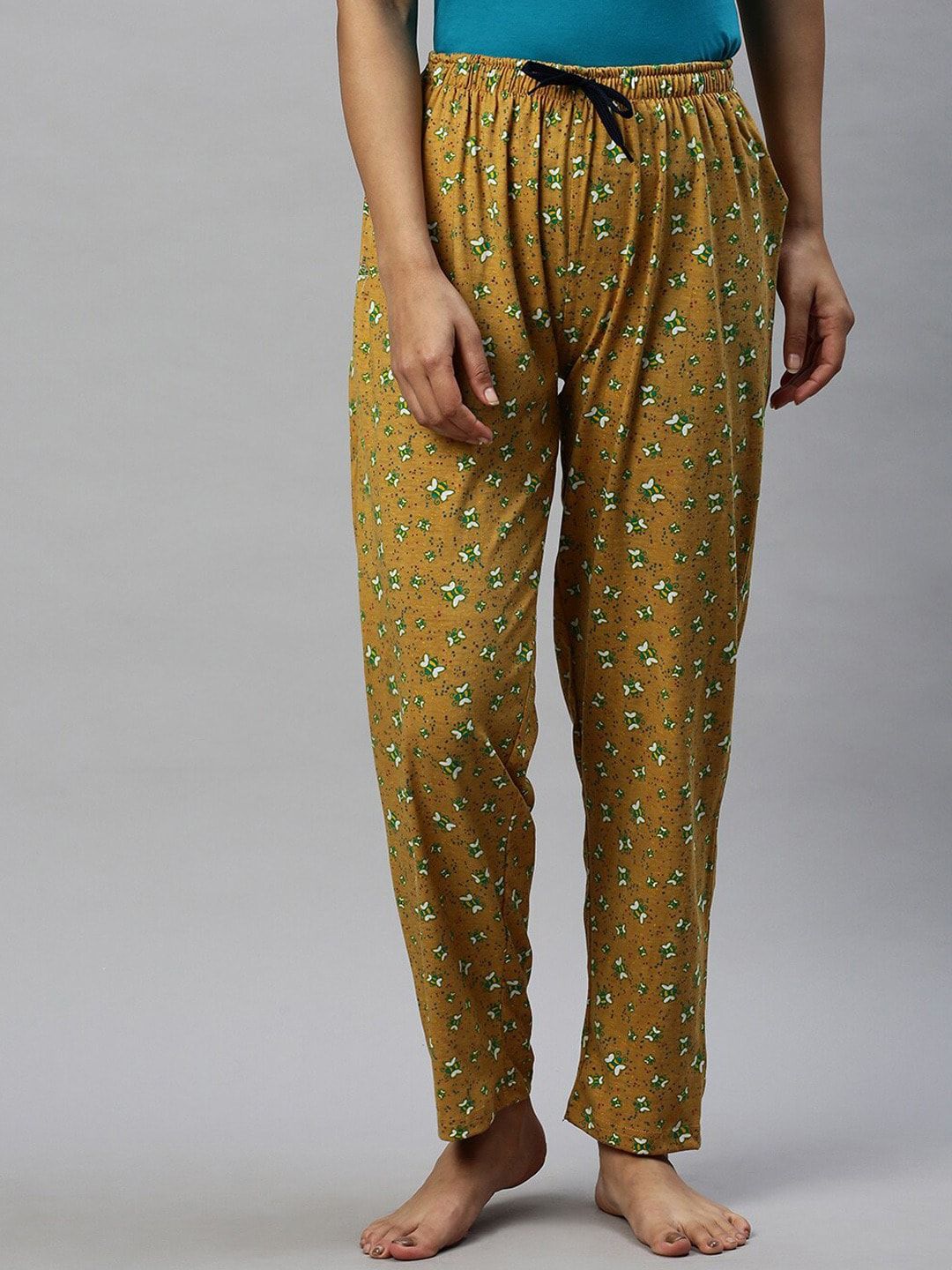 Kryptic Women Mustard Yellow & White Printed Pure Cotton Lounge Pants Price in India