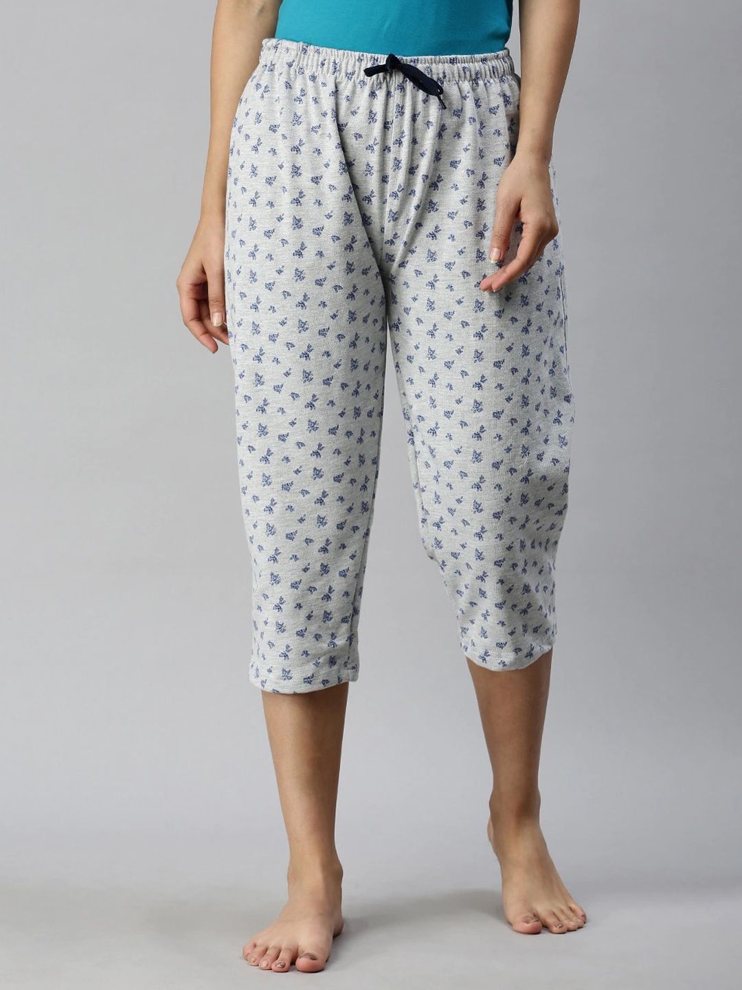 Kryptic Women Grey Mellange & Blue Printed Cotton Lounge Pants Price in India