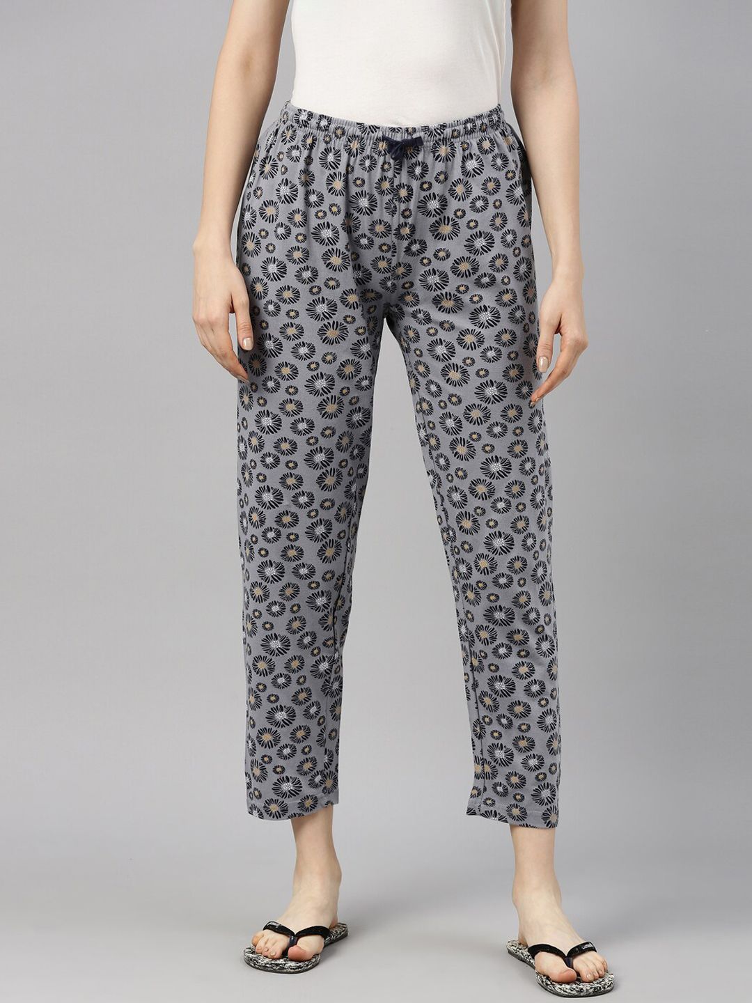 Kryptic Women Grey & Black Printed Pure Cotton Lounge Pant Price in India