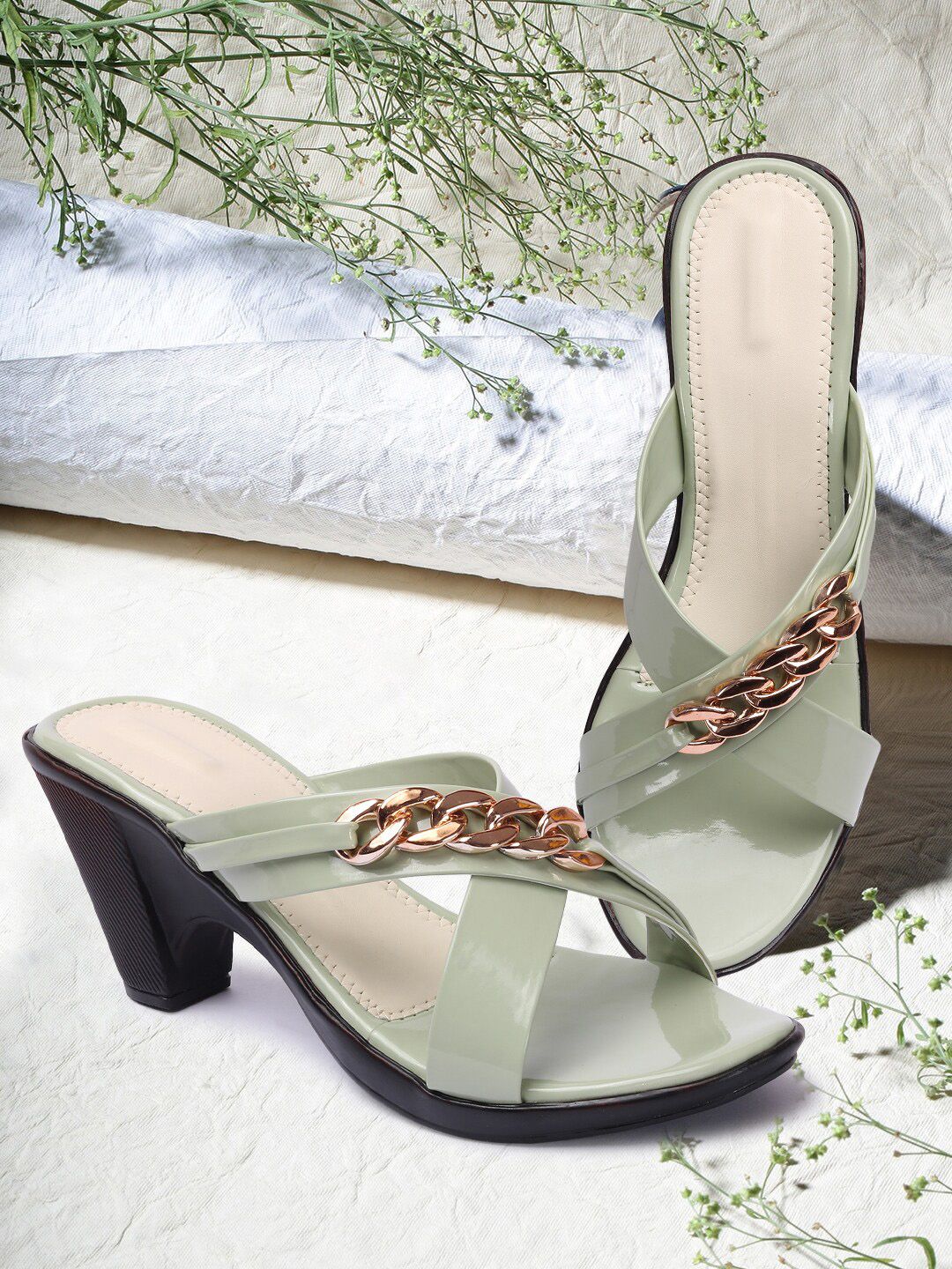 FASHIMO Green Embellished Block Mules with Bows Price in India