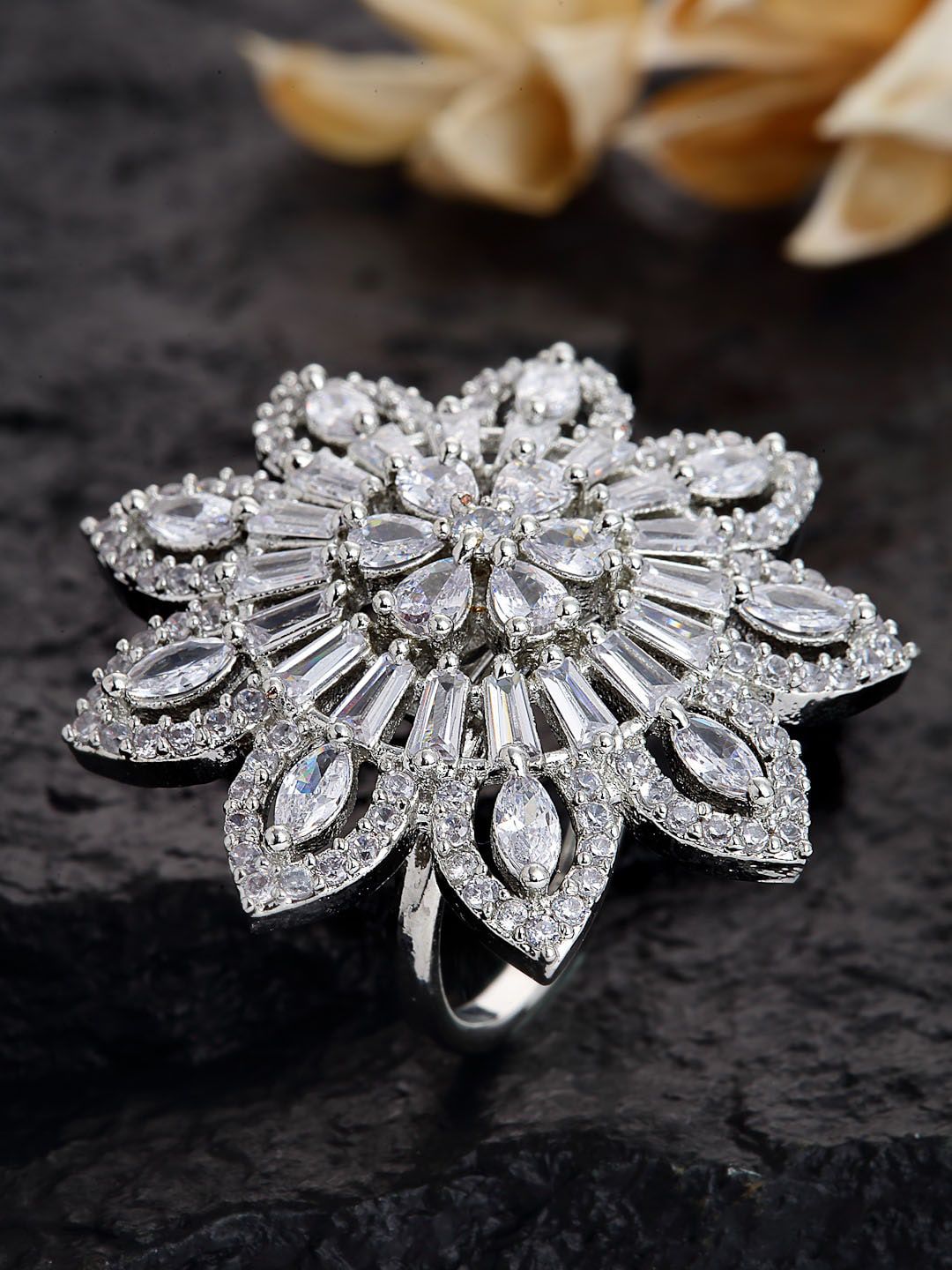 PANASH Silver-Plated White AD-Studded Finger Ring Price in India