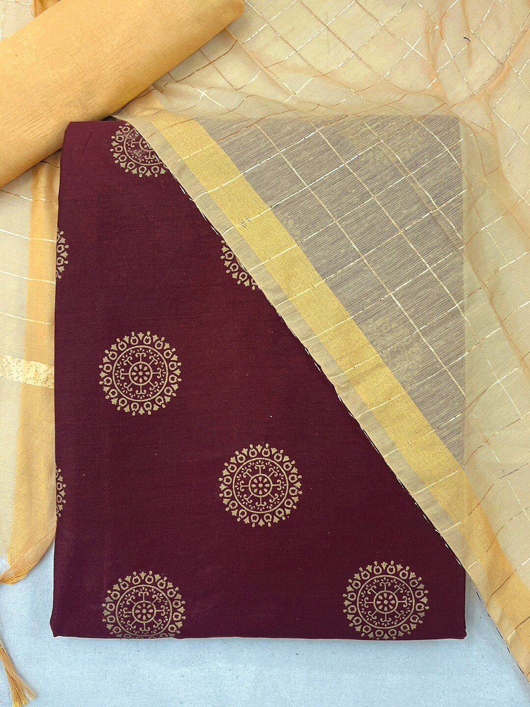 Kvsfab Maroon & Beige Unstitched Dress Material Price in India