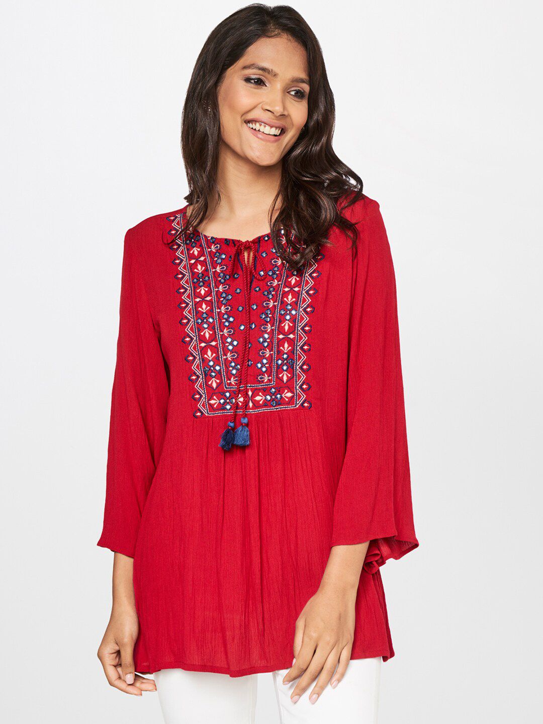 itse Red Embellished Tie-Up Neck Top Price in India