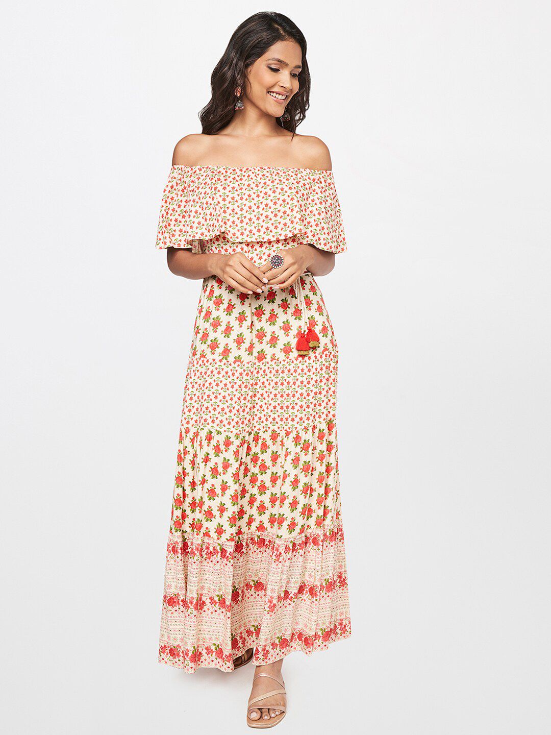 itse Off White Floral Off-Shoulder Maxi Dress Price in India