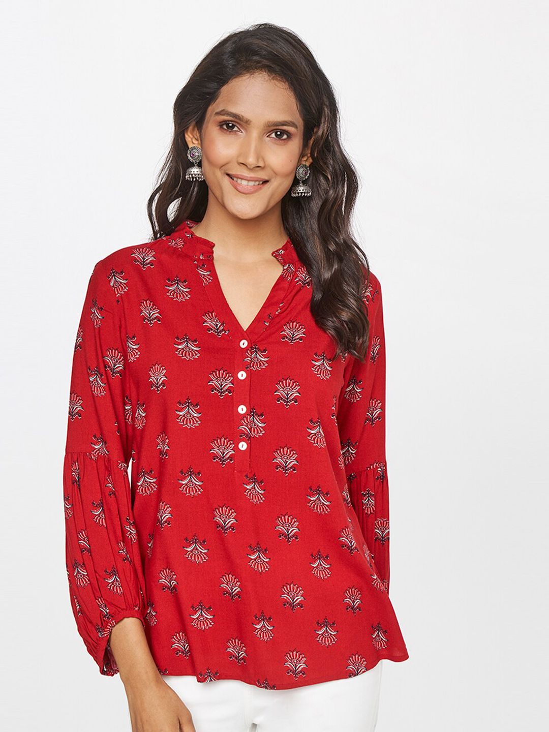 itse Maroon Floral Print Bishop Sleeves Top Price in India