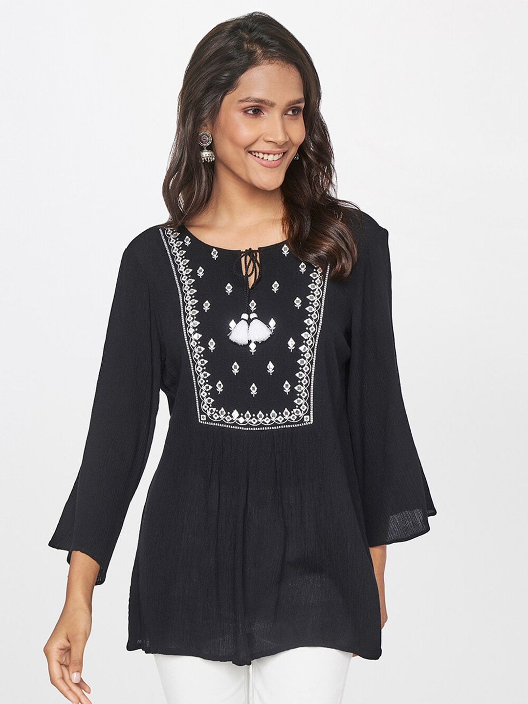 itse Black Floral Embellished Tie-Up Neck Top Price in India
