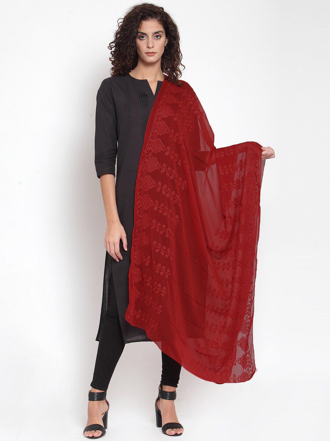 mf Maroon Embroidered Dupatta