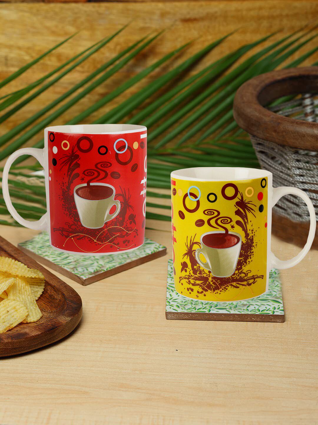 ZEVORA Red & Yellow Handcrafted Printed Ceramic Glossy Mugs Set of Cups and Mugs Price in India