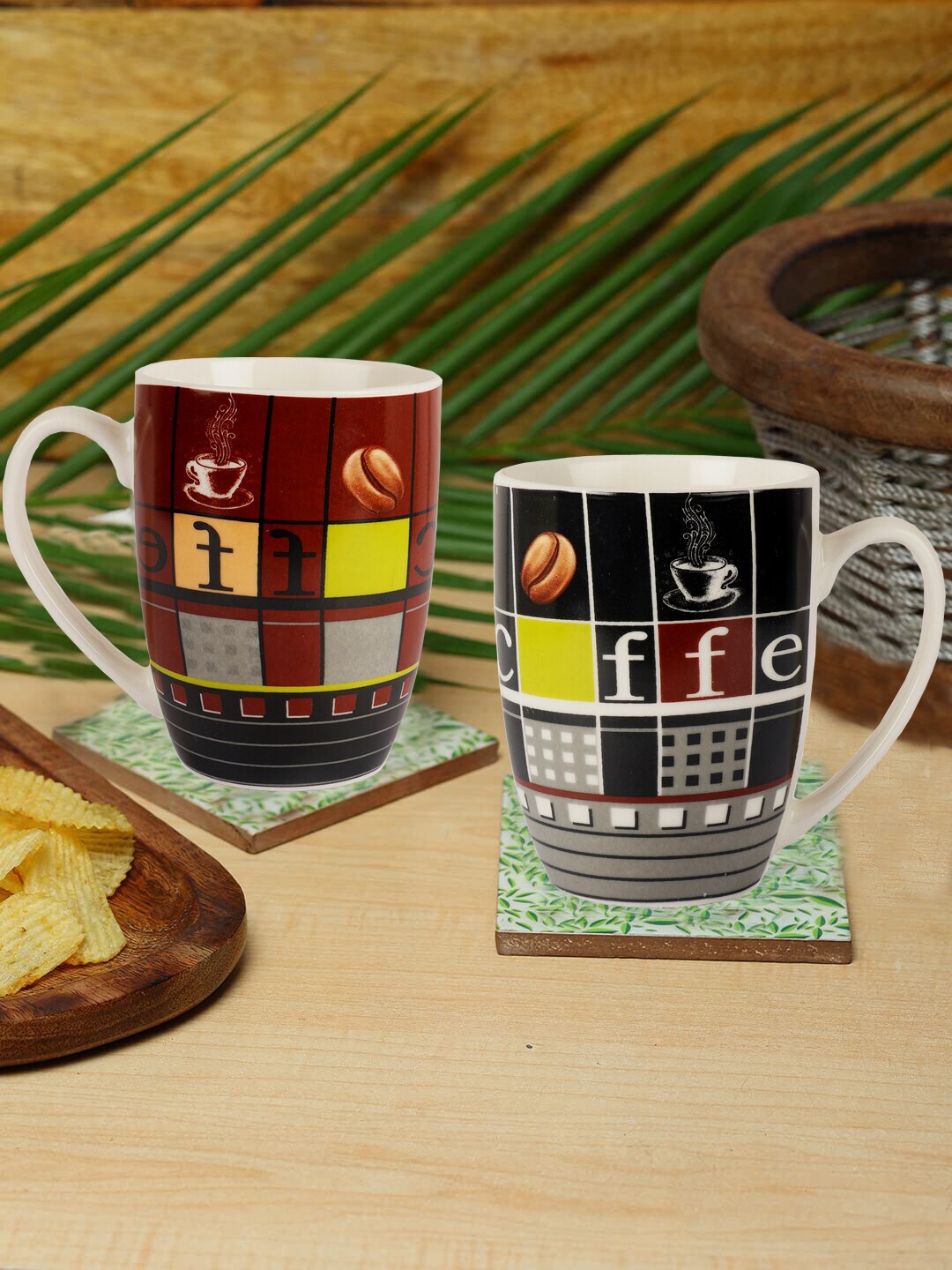 ZEVORA Cream-Coloured & Maroon Handcrafted Solid Ceramic Glossy Mugs Set of Cups and Mugs Price in India