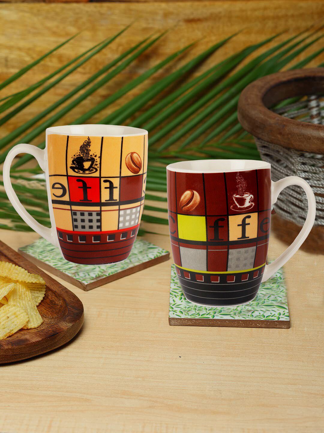 ZEVORA White & Brown Handcrafted Printed Ceramic Glossy Mugs Set of Cups and Mugs Price in India