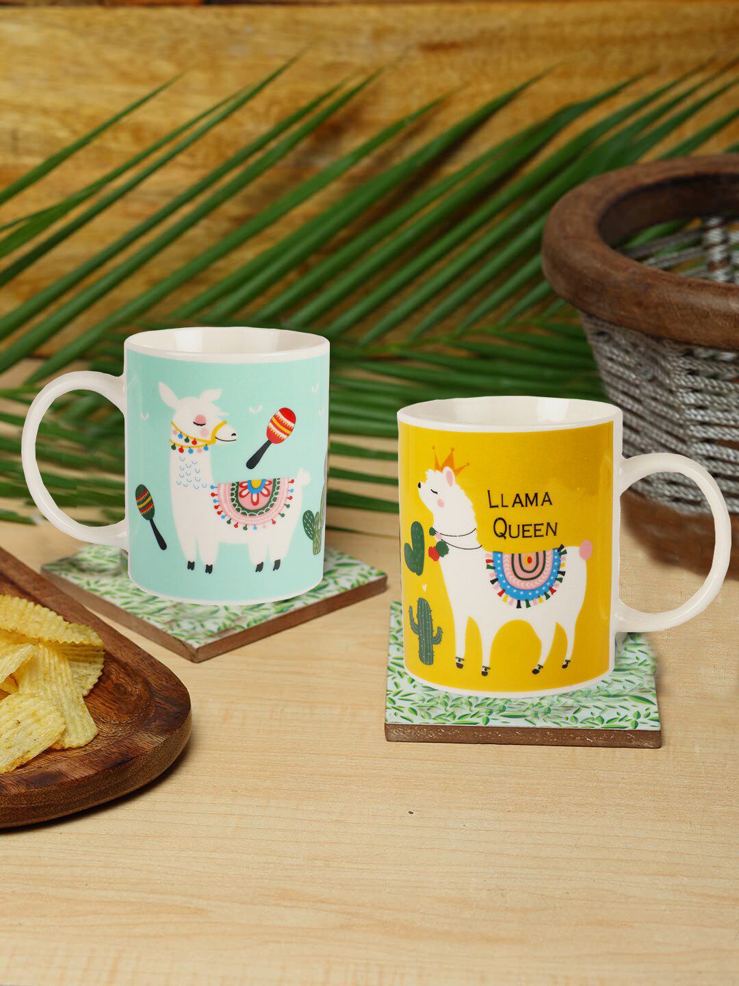ZEVORA Yellow & Blue Handcrafted Printed Ceramic Glossy Mugs Set of Cups and Mugs Price in India